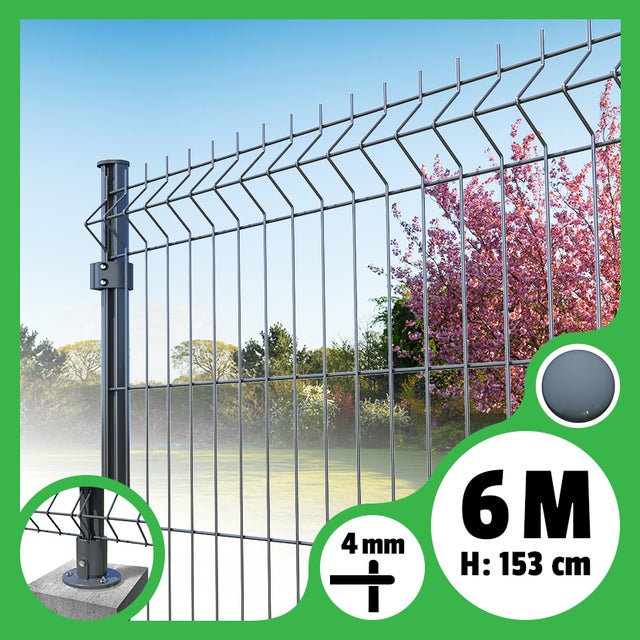 Kit grillage rigide poteaux ronds - longueur 6 mètres - 153 cm, Gris Anthracite, A visser ( platines fournies )