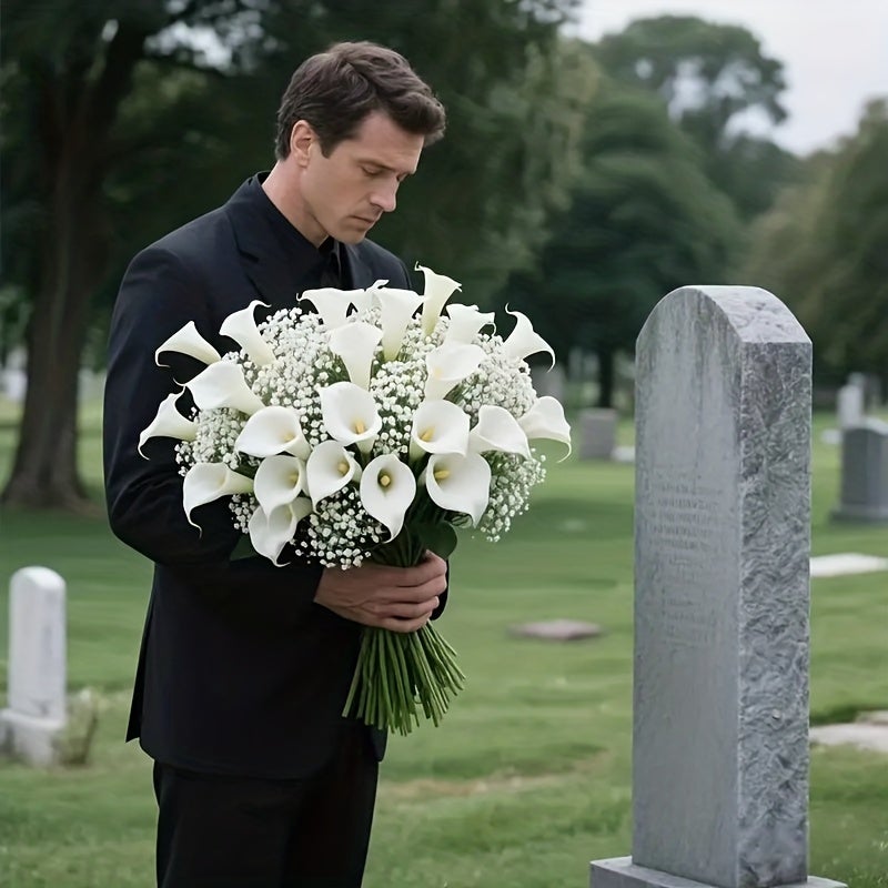 Bouquet de 60 fleurs artificielles pour cimetière extérieur, 40 gypsophiles et 20 arums pour la décoration de tombes/funérailles. Fleurs artificielles - 3
