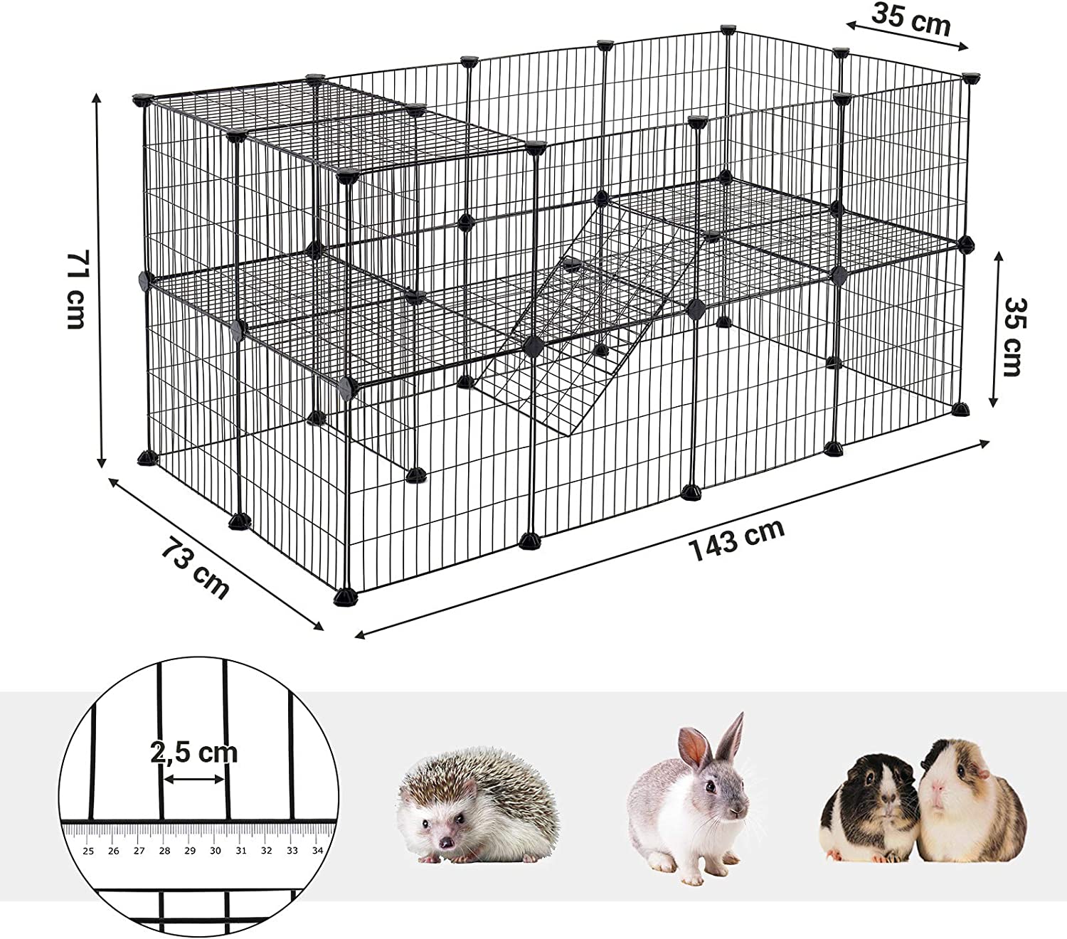 SONGMICS Clôture pour Animaux Domestiques, 2 Niveaux, Enclos Modulable, pour Petits Animaux, Hamsters, Lapins, Cochon d’Inde, 143 x 73 x 71 cm, Noir - 5