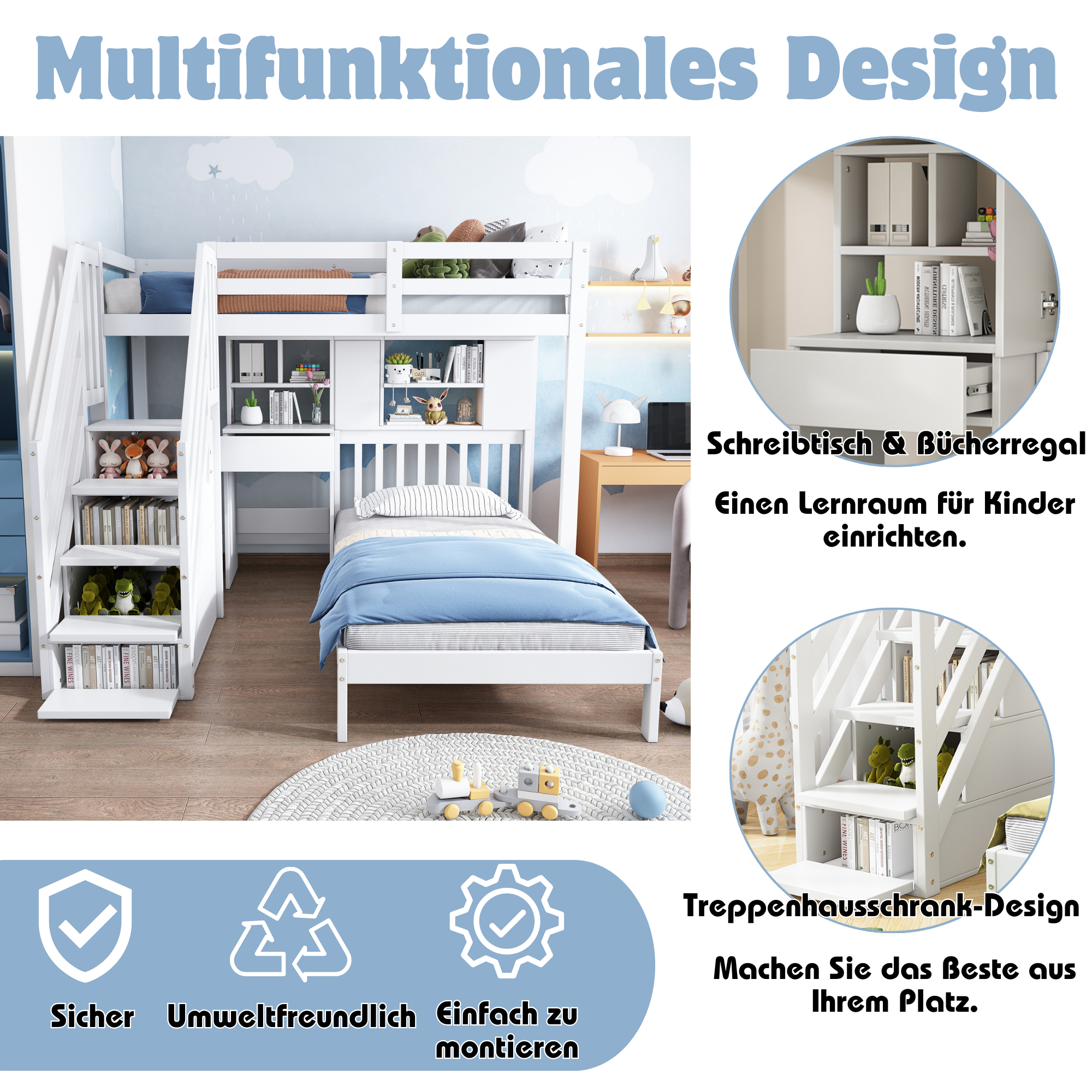 Letto a castello 90 x 200, letto matrimoniale, letto multifunzionale per bambini, funzione contenitore - 5