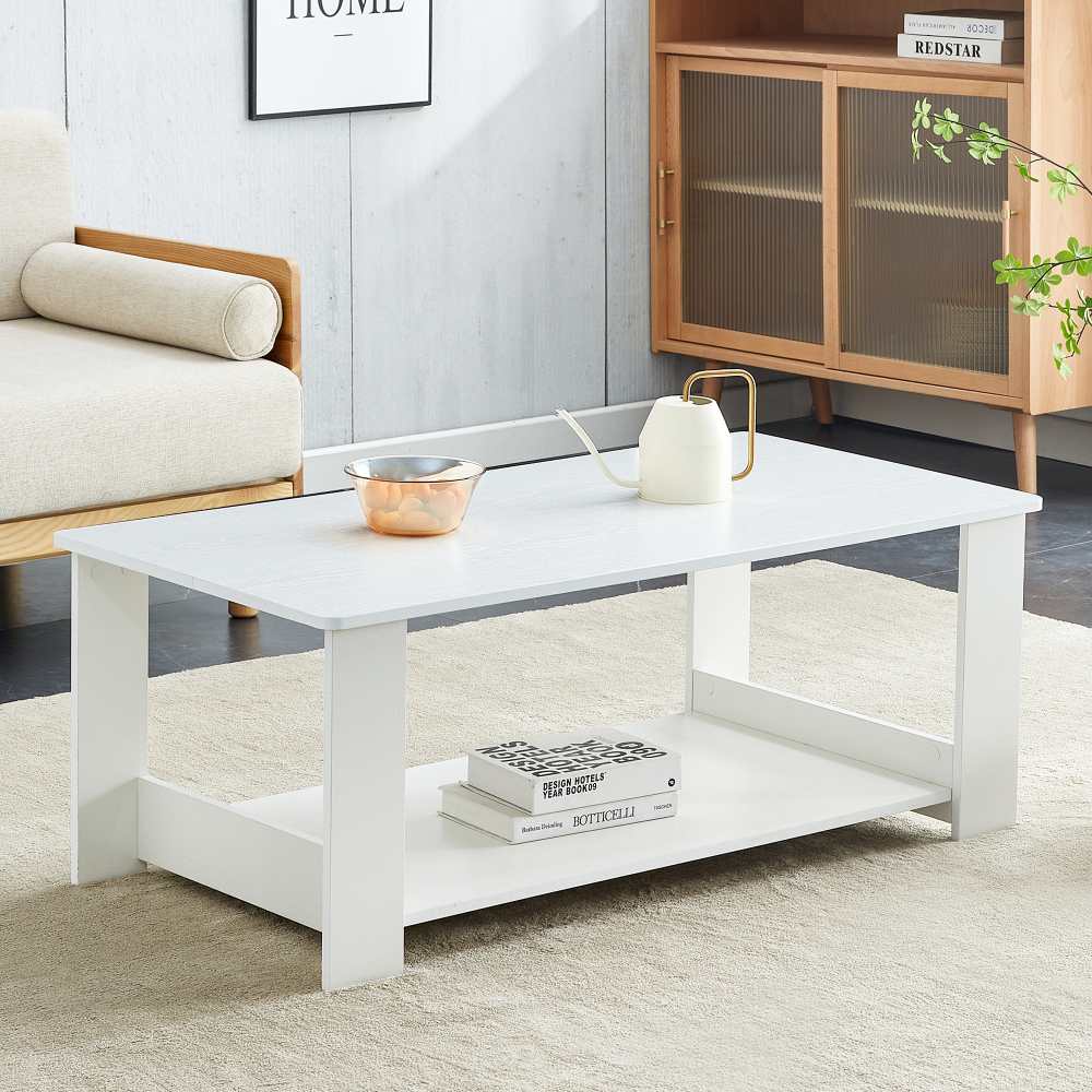 Tavolino Rotondo Moderno Con Doppio Ripiano - Piano Bianco E Gambe In Legno Naturale, Stile Scandinavo Per Soggiorno - 2