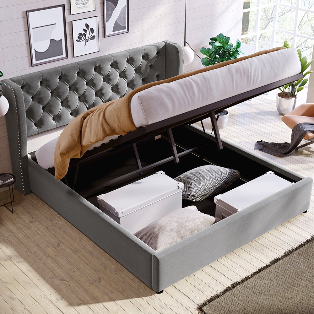 Lit coffre double Lit rembourré en forme d'oreille,velours,140x190cm,Lit fonctionnel hydraulique avec sommier à lattes et espace de rangement,Gris - 3