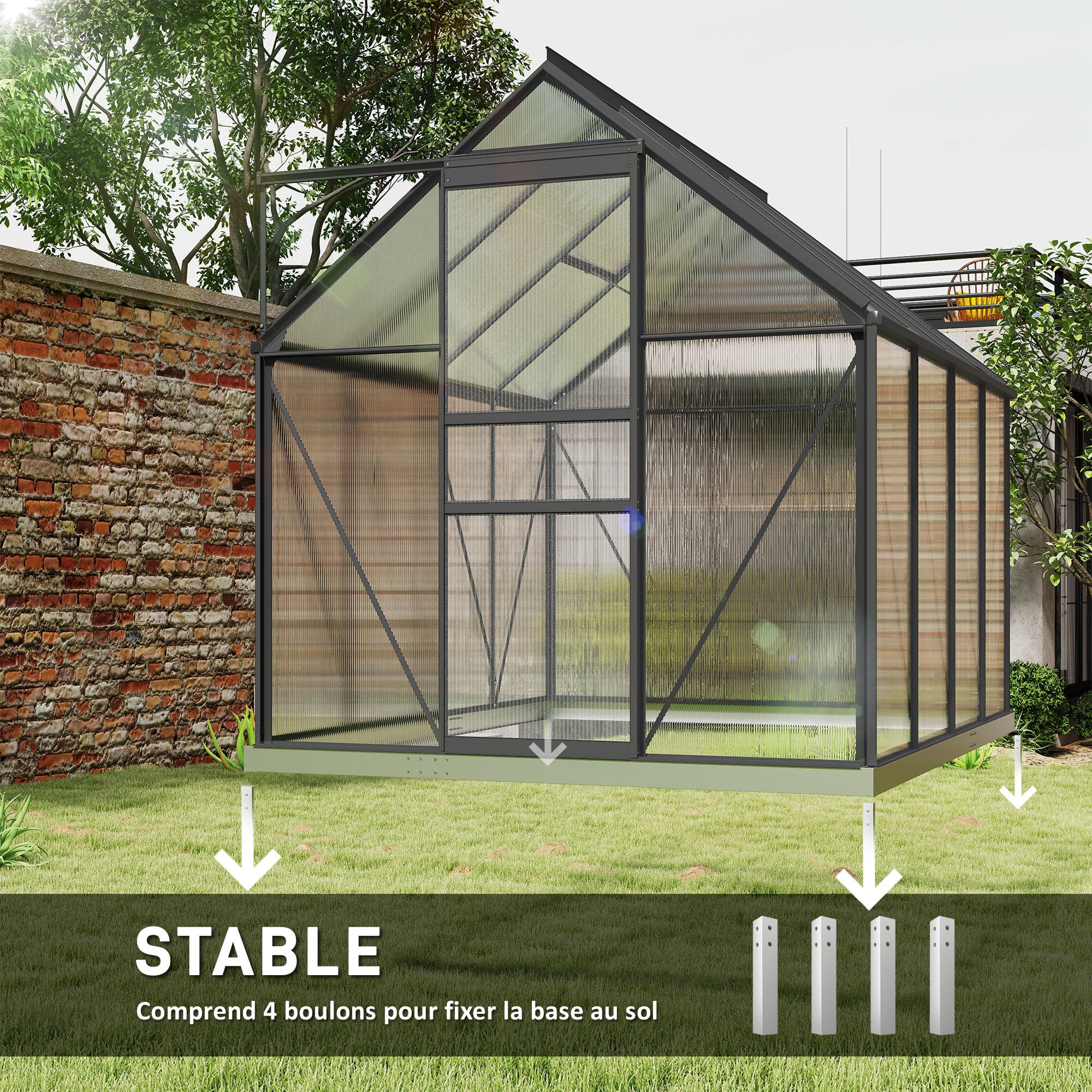 Serre de jardin - Outsunny - 4,8 m² - avec fondation lucarne réglable porte coulissante - polycarbonate 1,9x2,53x1,99m transparent - 6