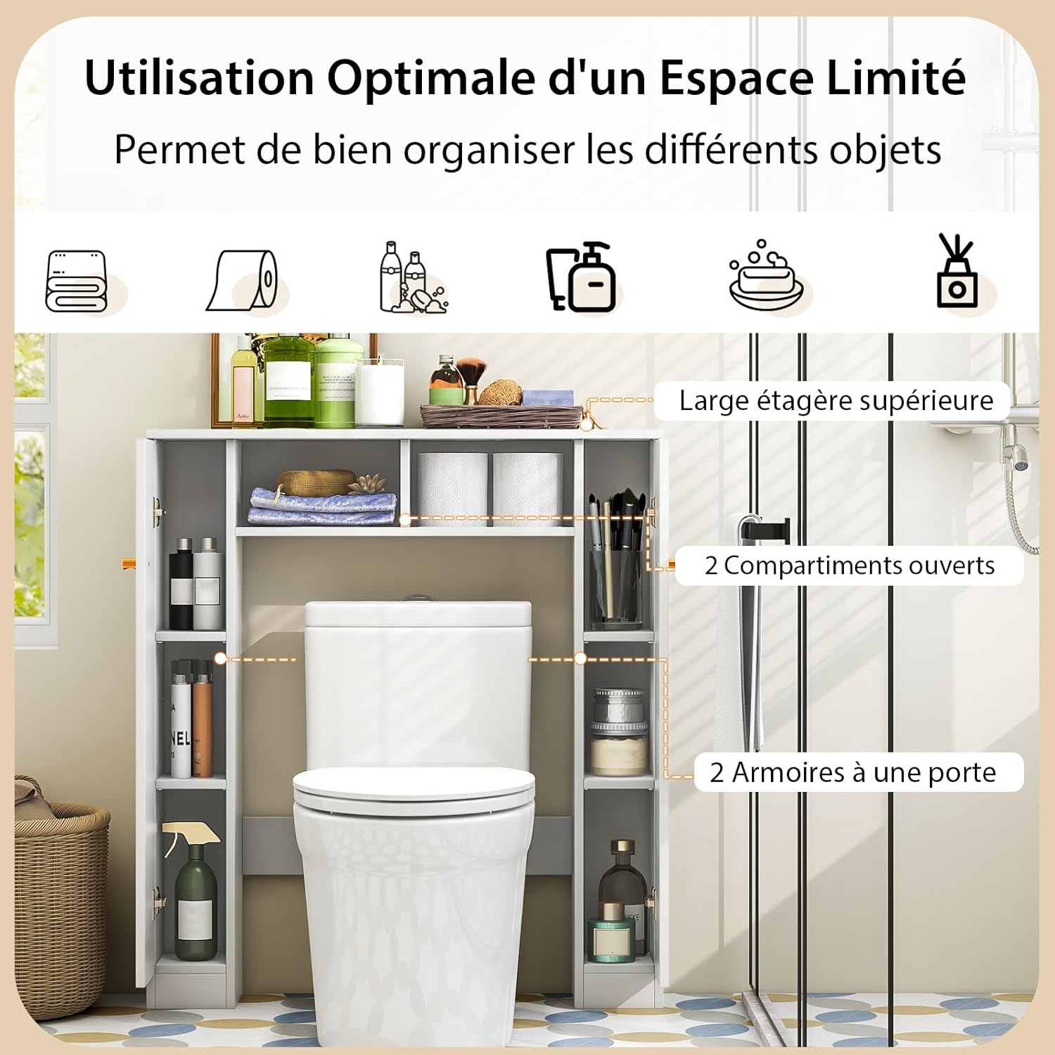 Scaffale Sopra WC, Mobile per Bagno con Doppia Anta, 2 Scomparti Aperti e 4 Ripiani Regolabili, Scaffale Salvaspazio da Terra per Bagno Lavand - 2