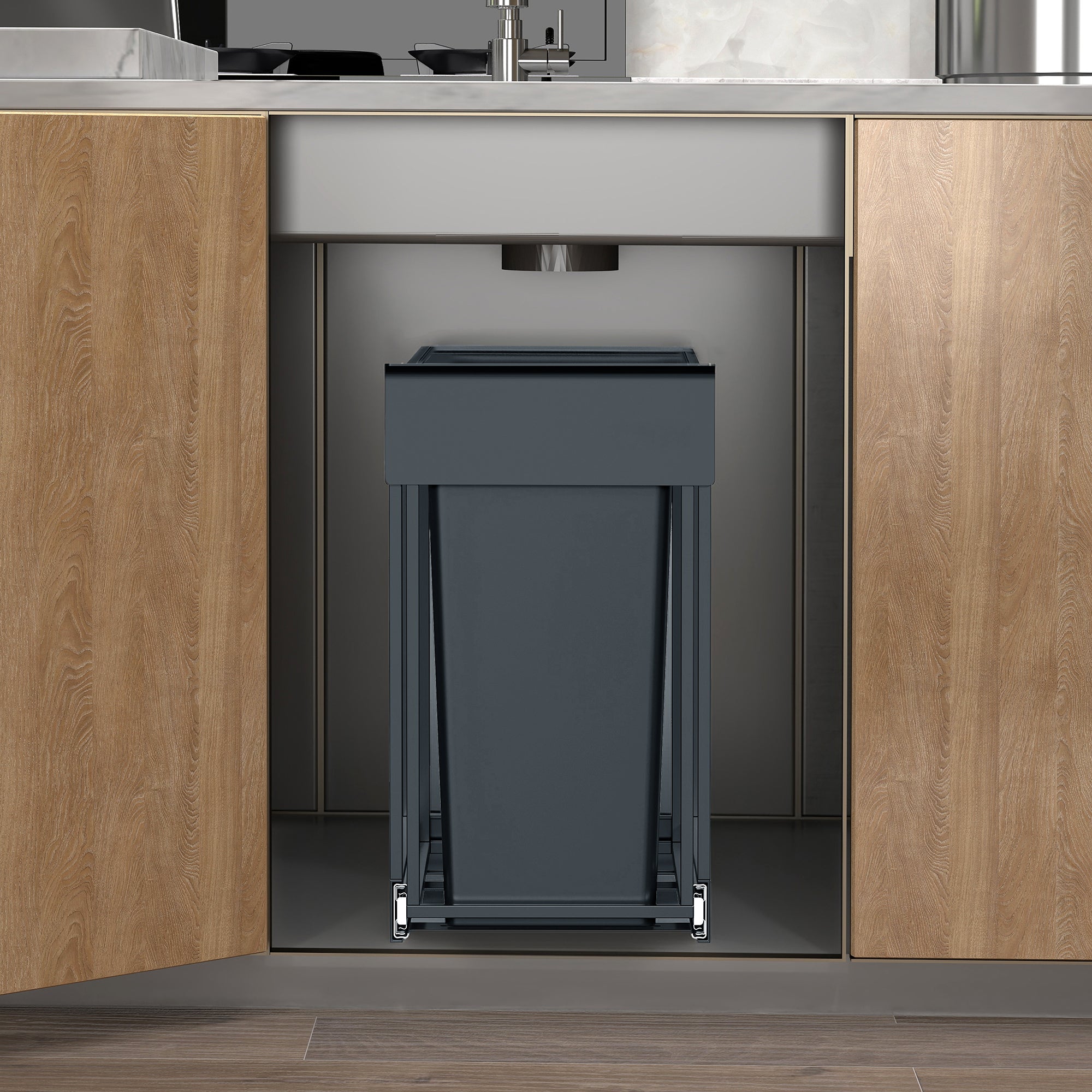 SONGMICS Poubelle de Cuisine Extractible, 2 x 15 L, en Acier, Couvercle en Plastique ABS, Gris - 3