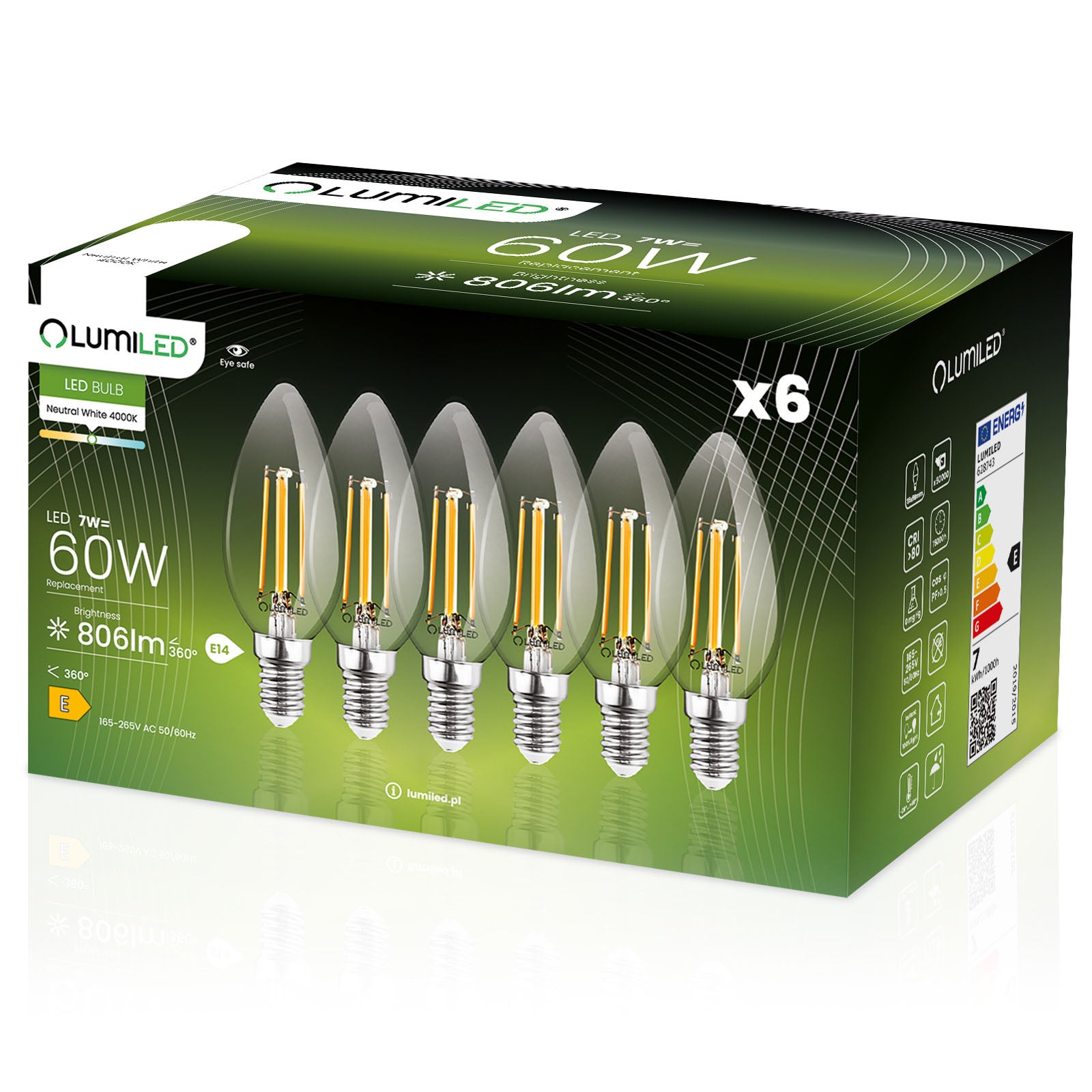 Żarówka LED Lumiled E14 Świeczka B35 7W 806lm 4000K Neutralna biel 360st Filament 6 szt.