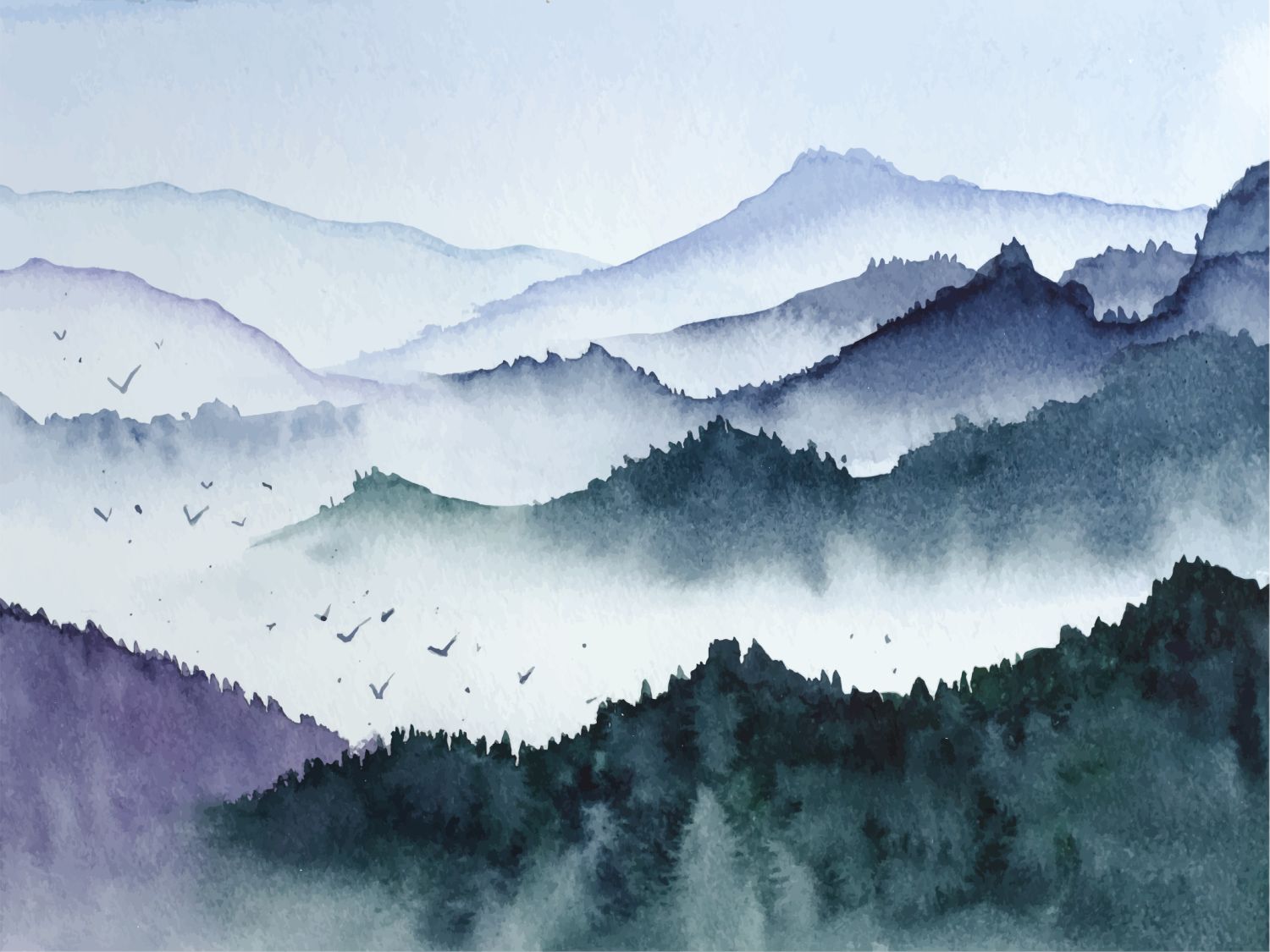 Fotomural paisaje montañoso con árboles azul y verde - 375 x 270 cm - sanders & sanders