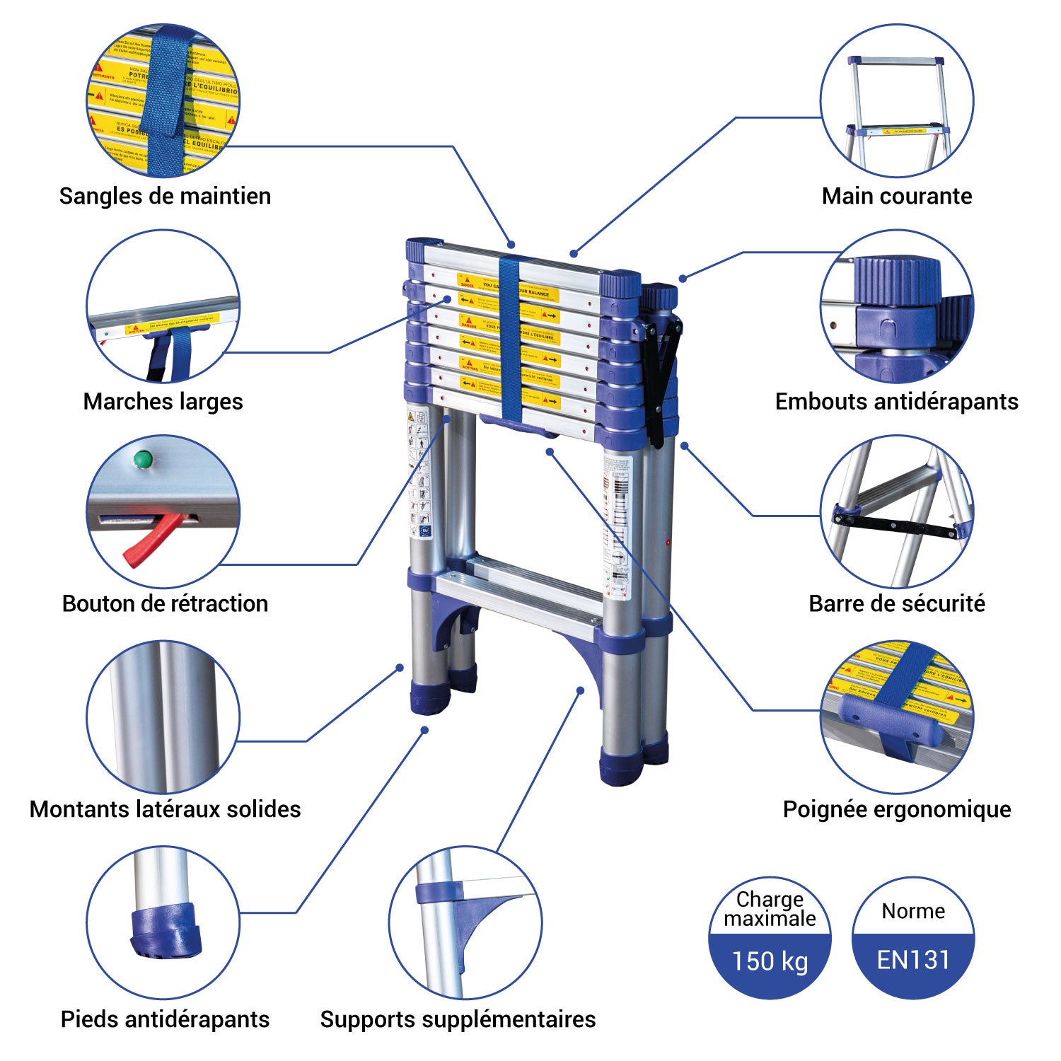 HOSTRÖM Escabeau 9 marches telescopique EXTENDACT9, Echelle telescopique 2,6m+2,3m, escabeau pliable télescopique, H max travail 4,1m, Garantie 5 ans - 4