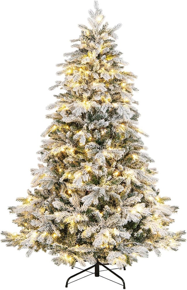 180 cm Albero di Natale Innevato, con 260 Luci a LED Bianco Caldo, Folto e Realistico, Base Pieghevole in Metallo, Montaggio Facile