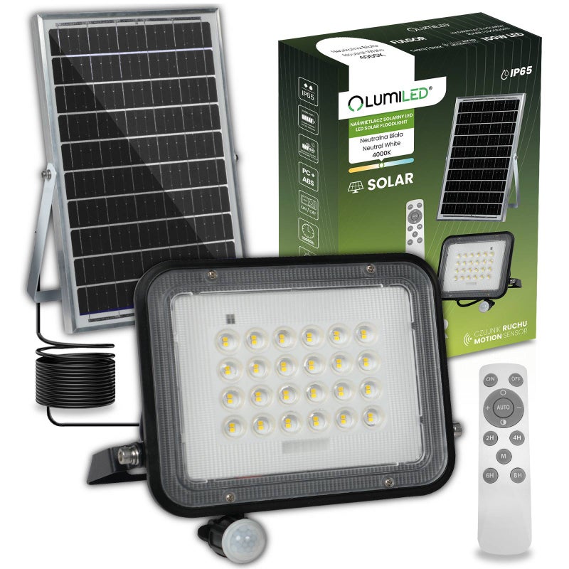 Naświetlacz Solarny Lumiled LED Halogen Lampa Ogrodowa 100W 4000K Neutralna biel IP65 Czujnik Ruchu PIR + Pilot 1 szt.