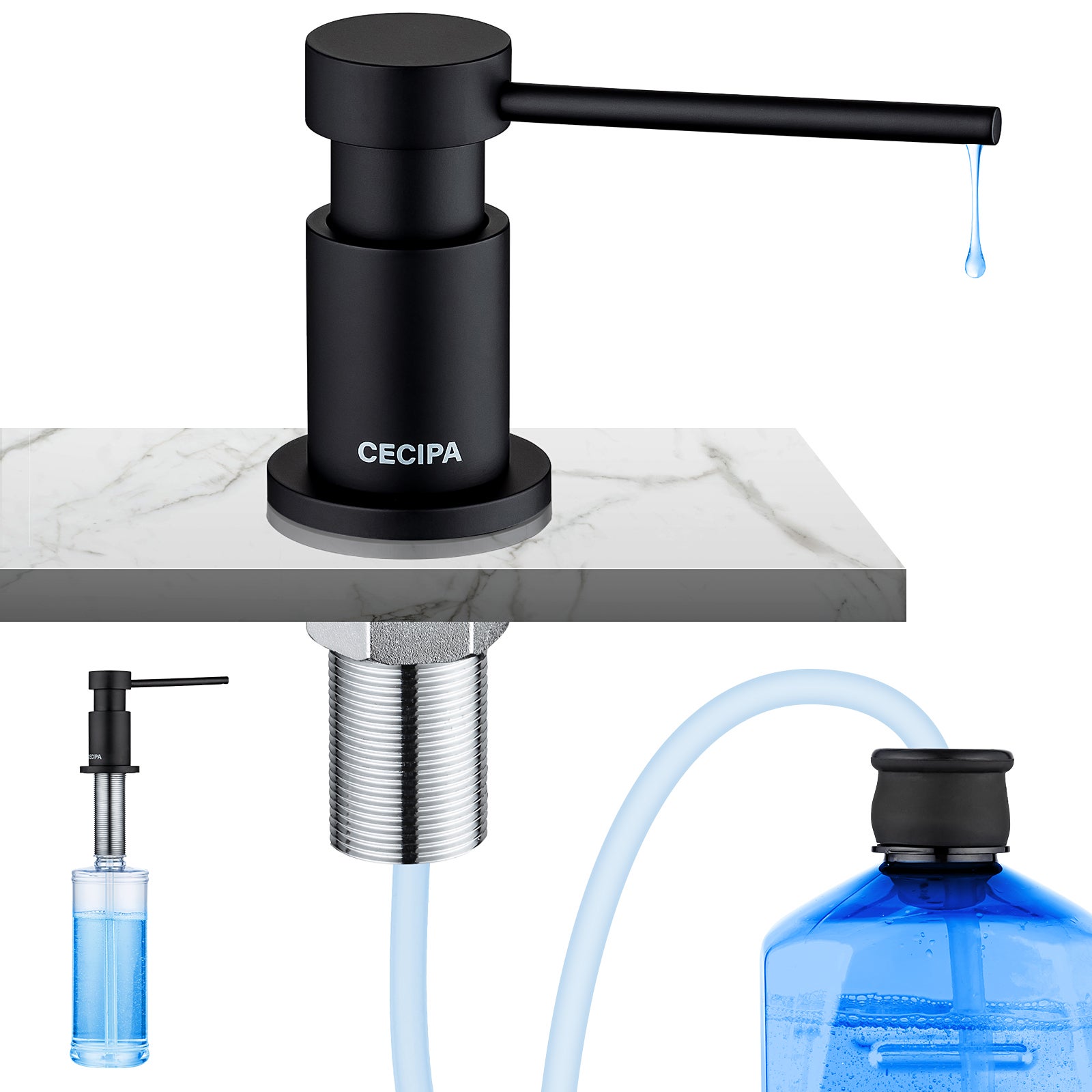 2PCS Distributeur de Savon de Cuisine avec Récipient de 300ML + Tuyau d'extension en Silicone de 1,25M - Distributeur de Savon pour Evier Noir - 2