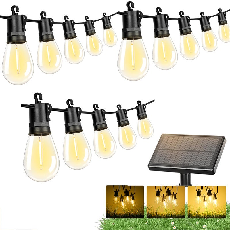 Wodoodporne solarne lampki sznurkowe zewnętrzne o długości 15 m, z 15 żarówkami S14 i 1 żarówką nietłukącą się, do ogrodu i na podwórko
