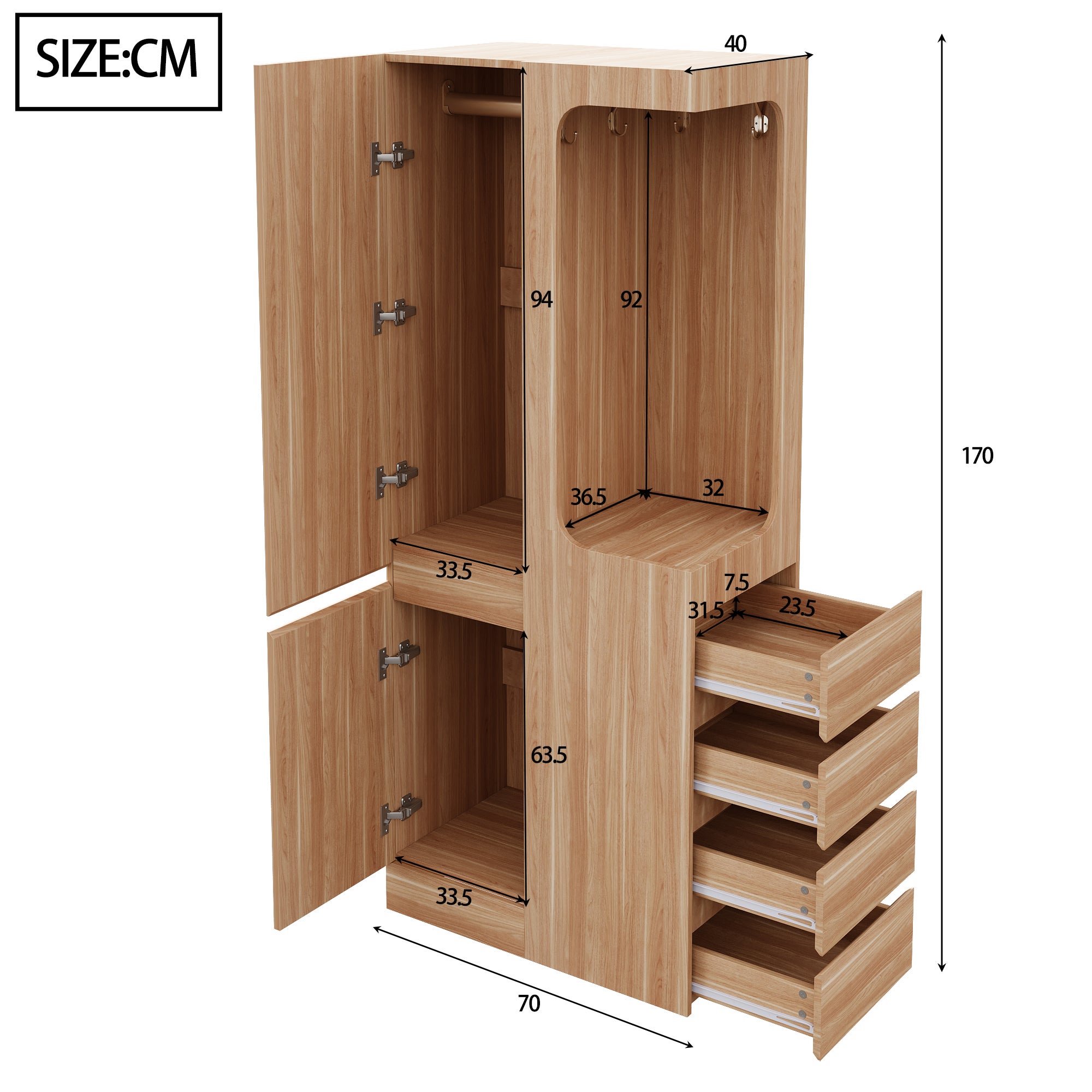 Szafa 70x40x170 cm - z 3 szufladami - z 2 frontami - kolor naturalny - 4