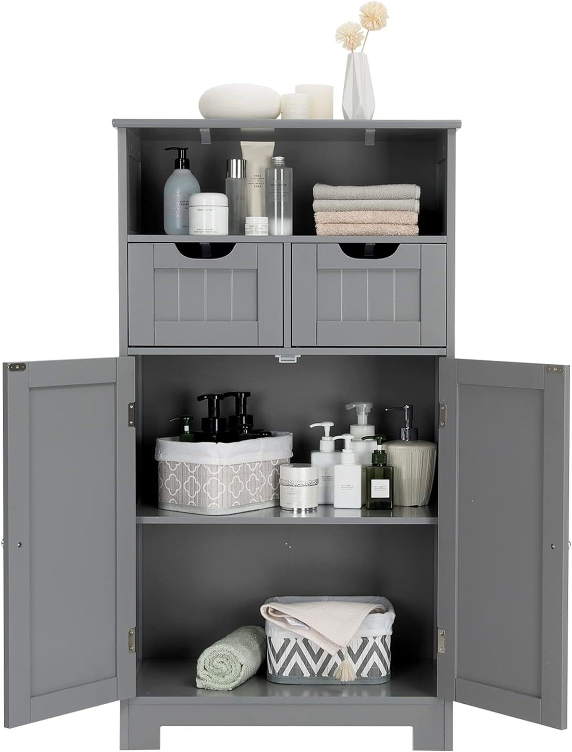 Szafka Łazienkowa na Nóżkach z Ruchomą Półką i 2 Regulowanymi Szufladami, Mebel Łazienkowy na Nóżkach z 2 Drzwiami, 60 x 30 x 109 cm