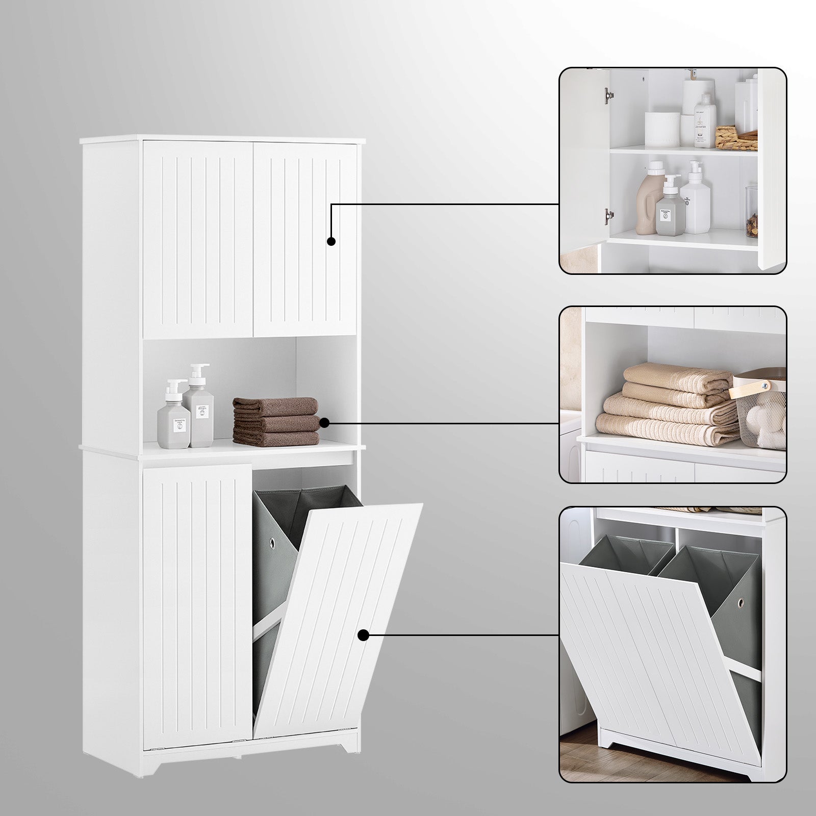 SoBuy Armoire de Salle de Bain Haute avec Sac à Linge, Colonne Meuble Salle de Bain avec Portes, 2 Paniers à Linge Amovibles, Blanc, BZR150-W - 6