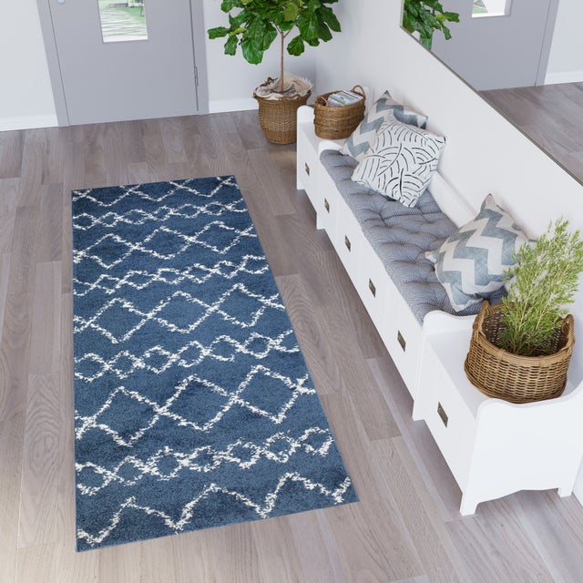 TAPISO Delhi Tapis de Passage Descente de lit Moderne Bleu Marine Blanc Ethnique Zigzags Moelleux Shaggy Super Doux Poils Longs 60 x 200 cm
