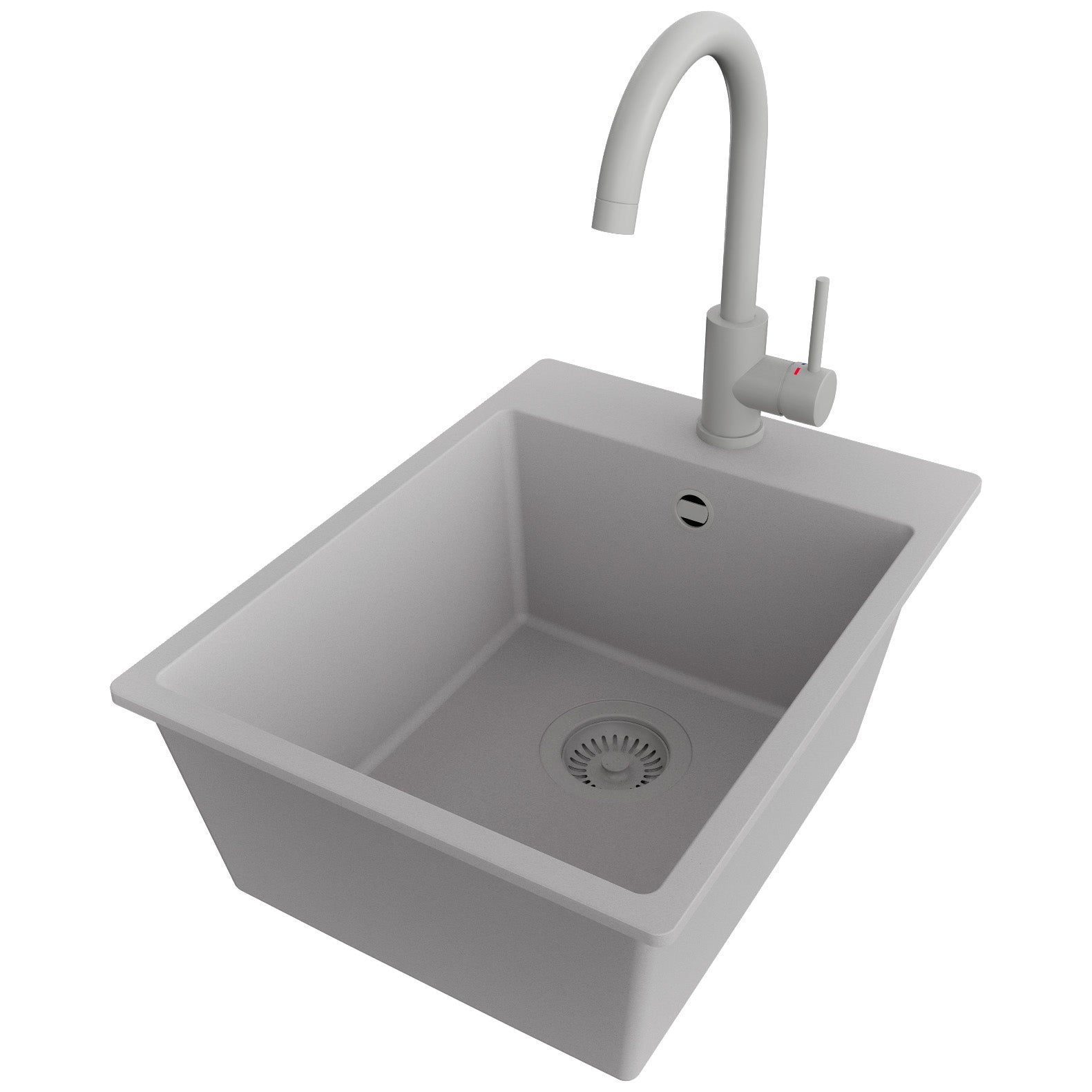 Zlewozmywak Granitowy Szary 38x50cm, Zlew Kuchenny 1 Komorowy + Bateria 32x20cm + Syfon, Nablatowy do szafki od 40cm - Ryga PRIMAGRAN