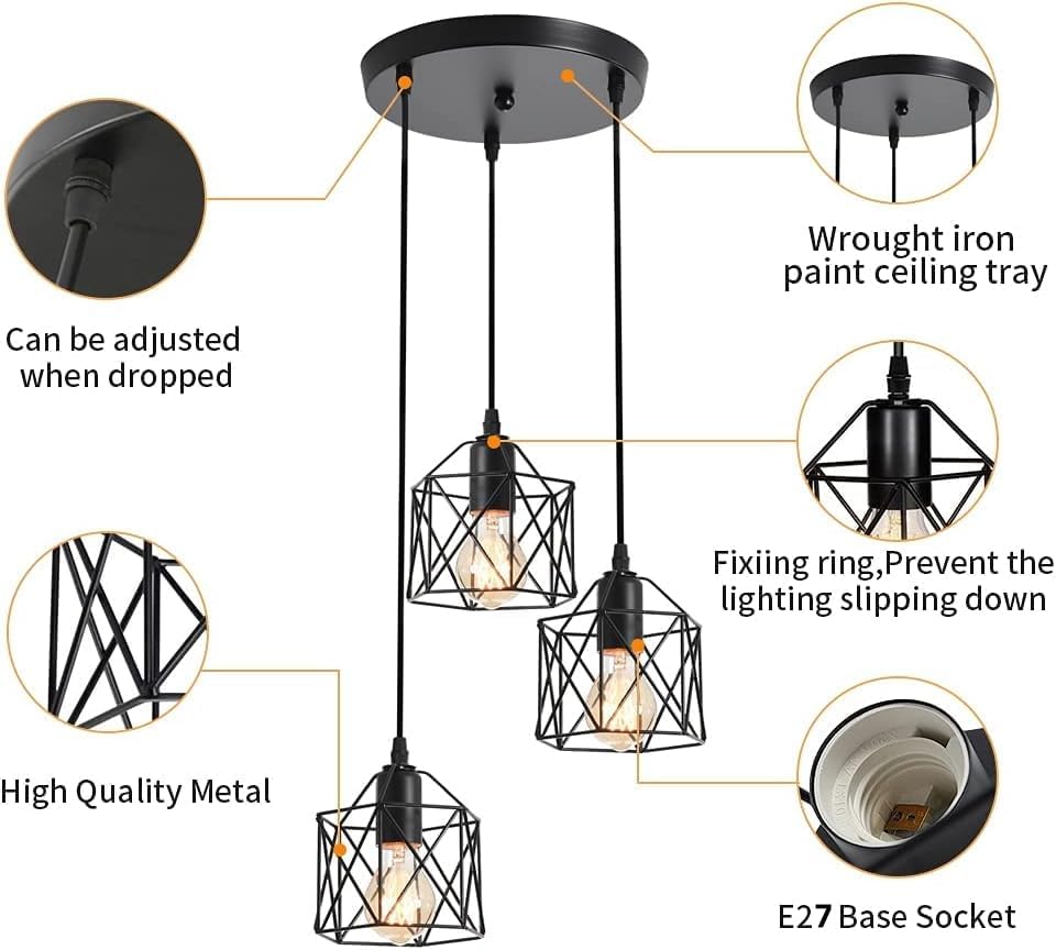 COMELY Suspension Industrielle Noire 3 Lumières E27, Lustre Cage Métal Vintage Hauteur Réglable 1,5 m pour Salon Salle à Manger Cuisine - 3