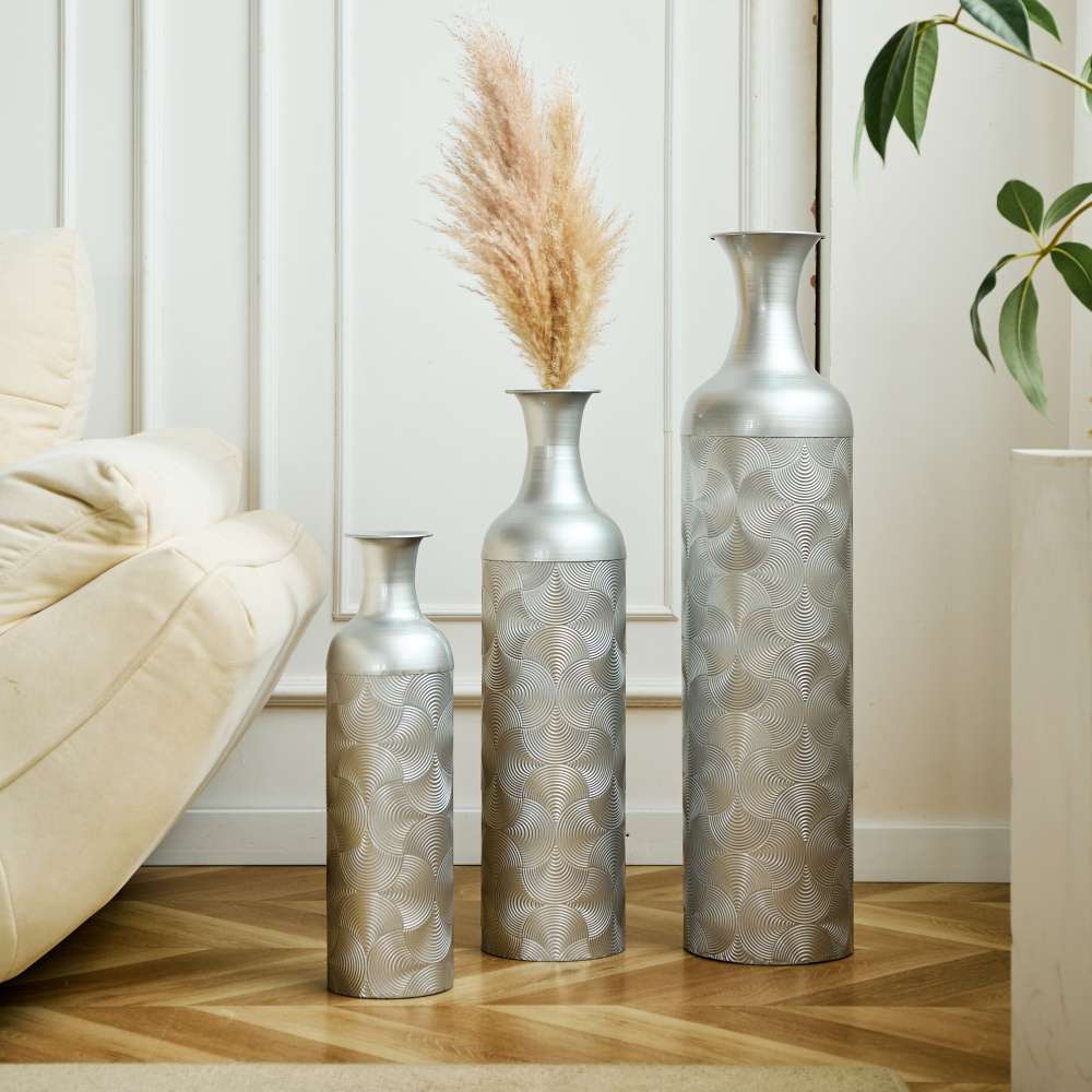 Vase Métallique Argenté - Ensemble de 3 Vases de Sol 83/65/50cm pour Fleurs Séchées et Pampas, Élégance et Style pour Salon et Chambre - 2