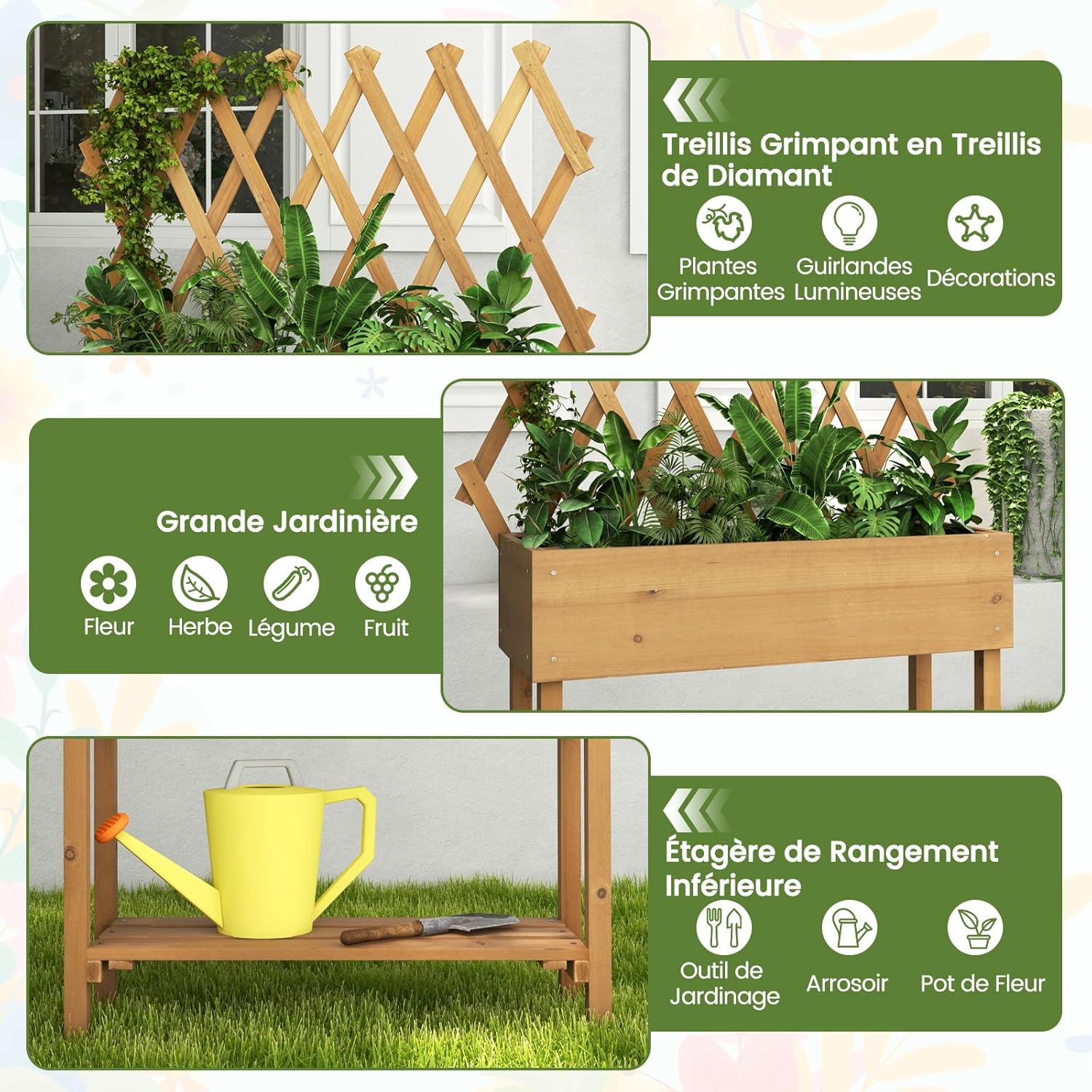 Jardinière Surélevée en Bois avec Treillis à Roulettes, Étagère Inférieure pour Fleurs, Légumes, Herbes, 90x29x129cm - 4