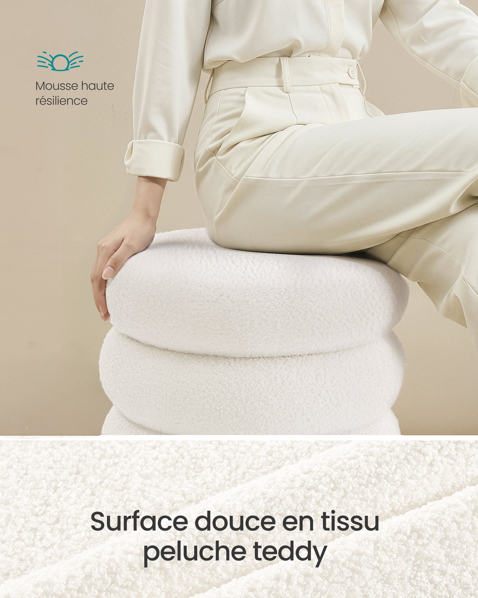 Tabouret de Coiffeuse Rond, Rembourré, avec Rangement, Couvercle Amovible, en Tissu Peluche Teddy, Blanc - 3