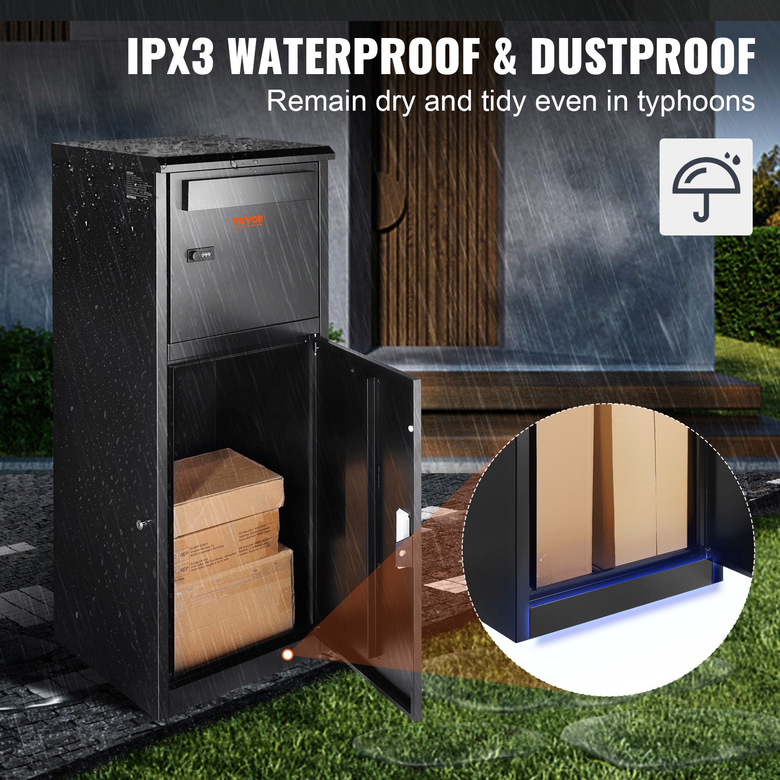 Boîte à Colis VEVOR 41,2x40,1x110,5cm Boîte aux Lettres Acier Galvanisé Verrouillable Code Autoportante Montage Sol Déflecteur Antivol Étanche IPX3 - 4