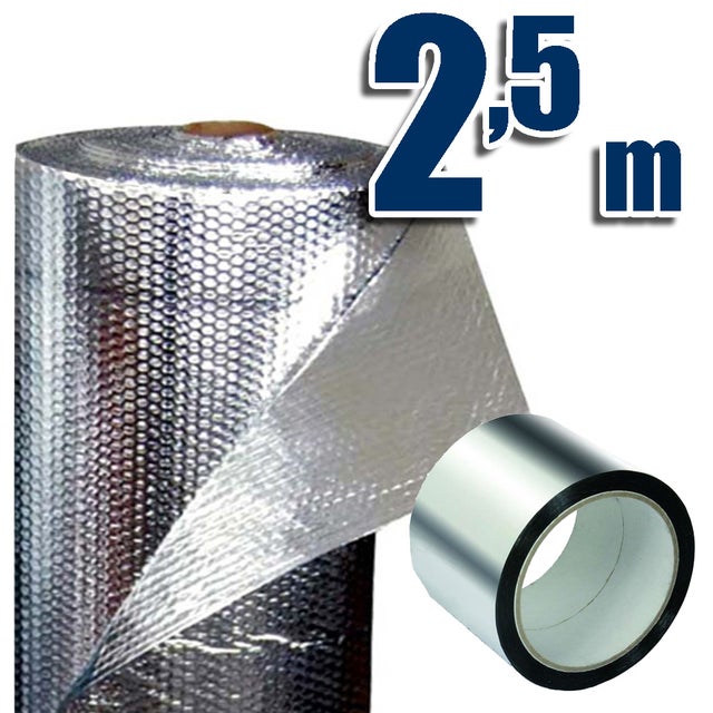 Aislante Térmico reflexivo 100% aluminio y burbujas (2,5 x 0,6m) + Cinta Aluminio 10m - Aísla cajas de persianas, radiadores, caravanas, campers...