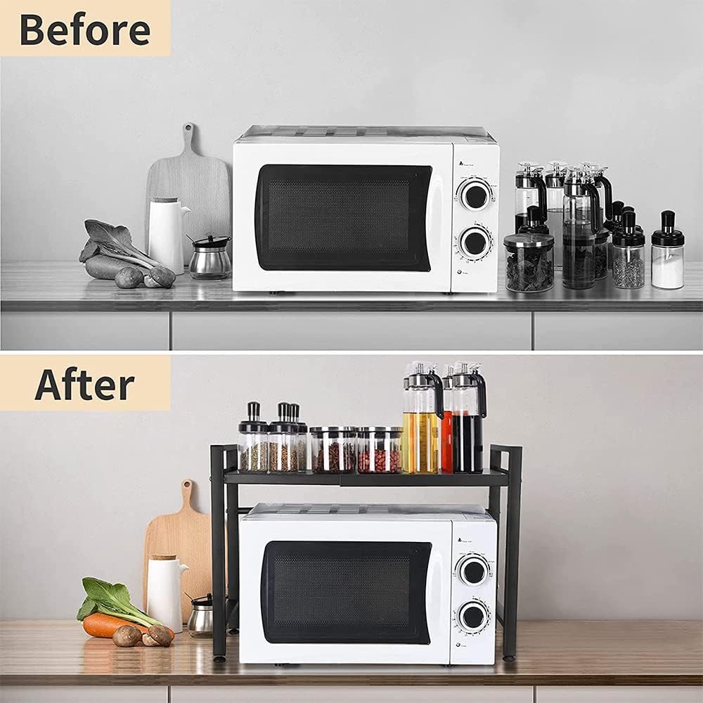 Meuble Rangement de Cuisine Support Four Micro-Ondes Extensible en Hauteur & Largeur - Noir, Acier au Carbone, 2 Niveaux d'étagère, 6 Crochets - 5