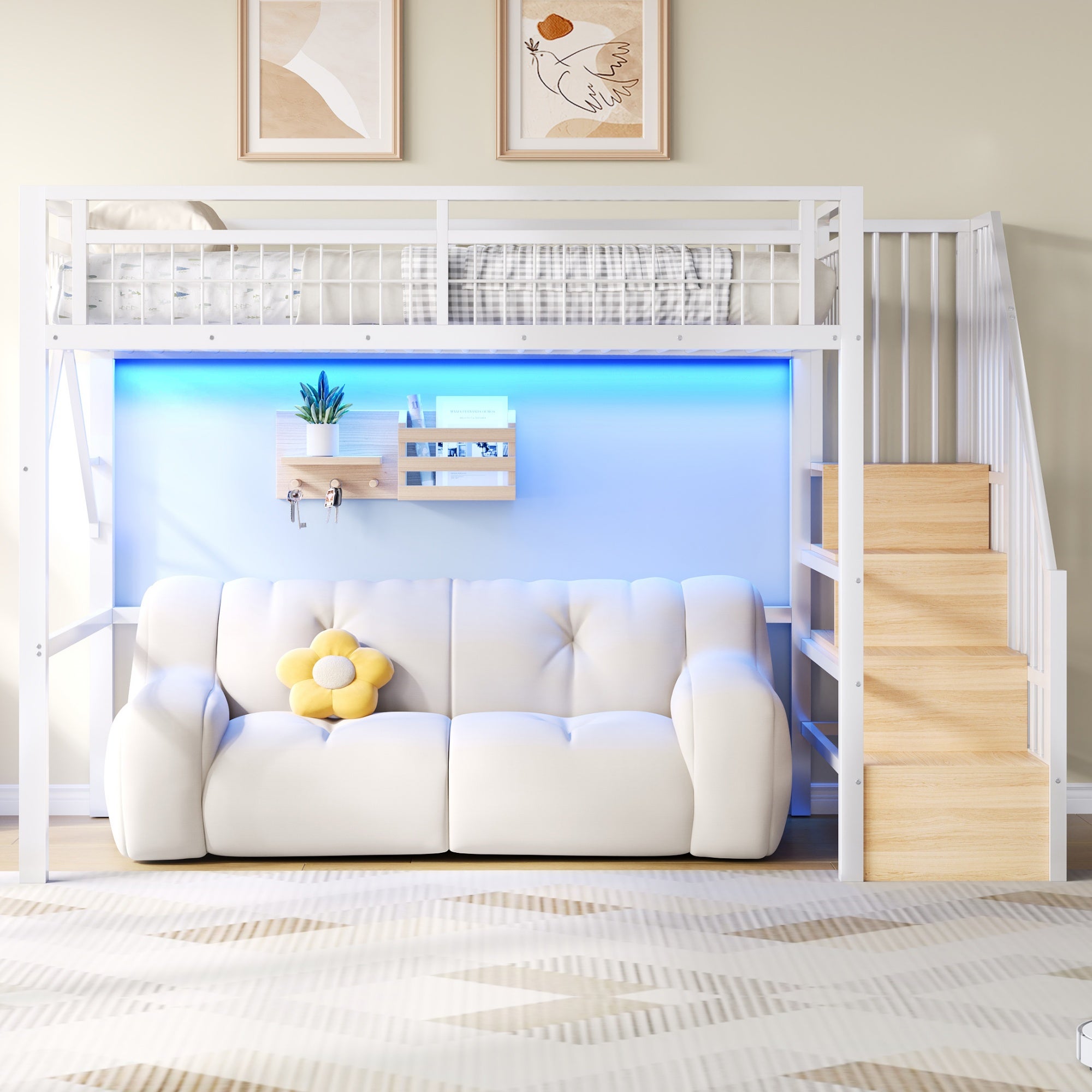 Łóżko piętrowe 90 x 200 cm z pojemnikiem - Rama żelazna - Diody LED - Białe (Materac nie jest wliczony w cenę) - 6