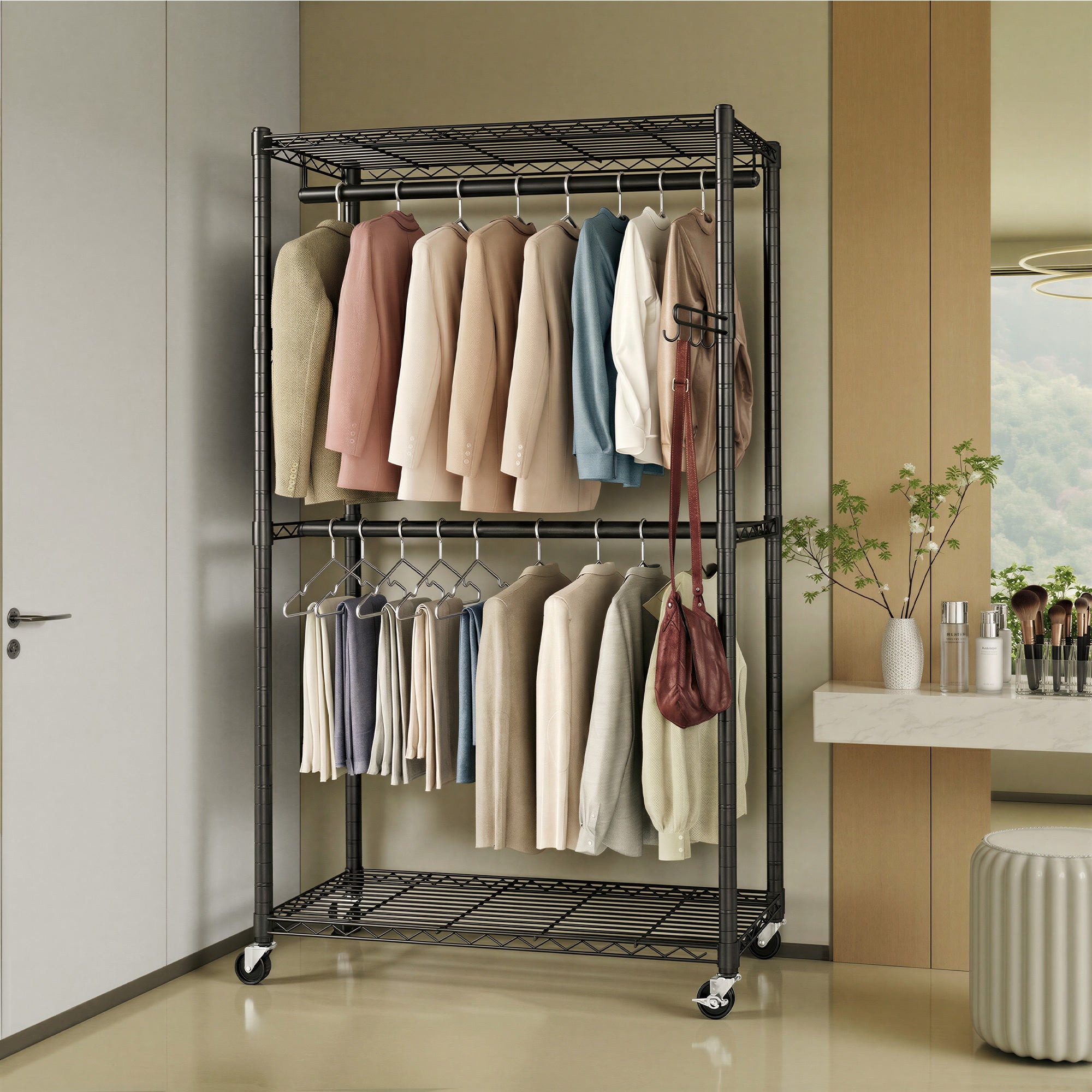 Portant Mobile en Métal, Penderie avec Crochets et Étagères Réglables, pour Chambre, 90 x 40 x 199 cm, Noir - 2