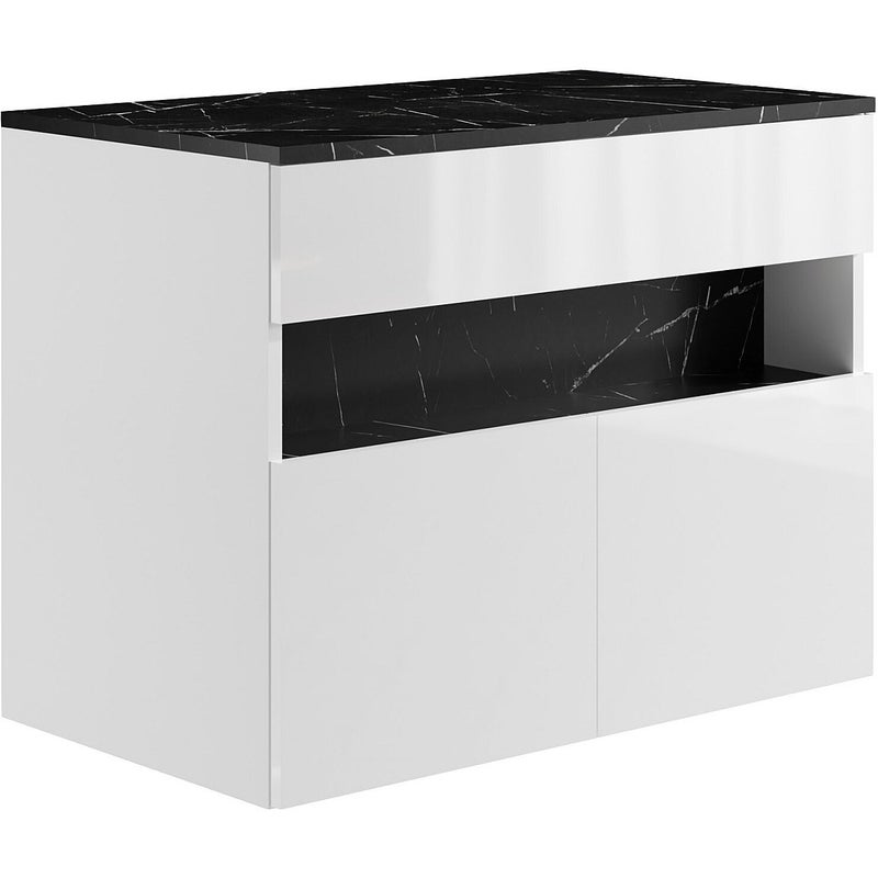 Szafka pod umywalkę wisząca z oświetleniem LED i blatem - Biały i czarny z efektem marmuru - szer. 80 cm - POZEGA