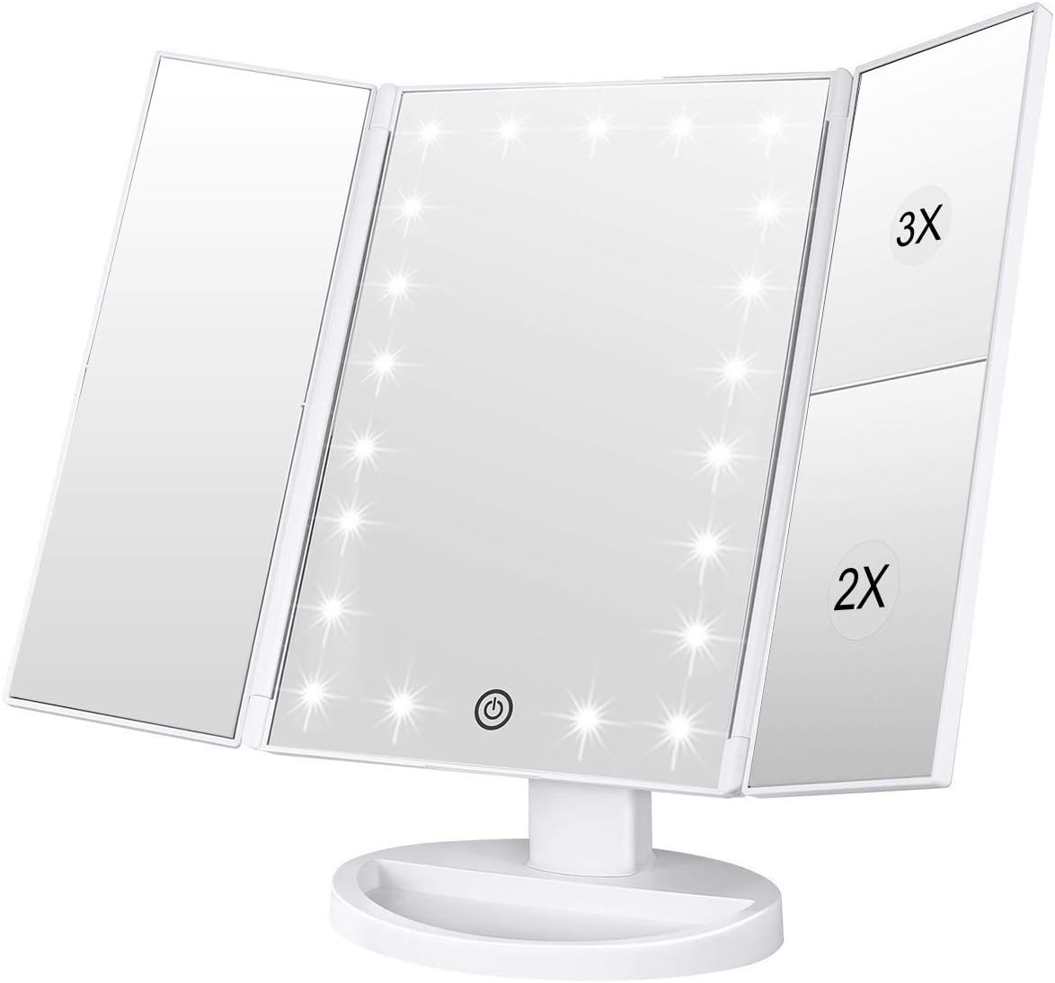 Składane lusterko do makijażu 1x/2x/3x z 21 diodami LED i regulowanym ekranem dotykowym (białe)