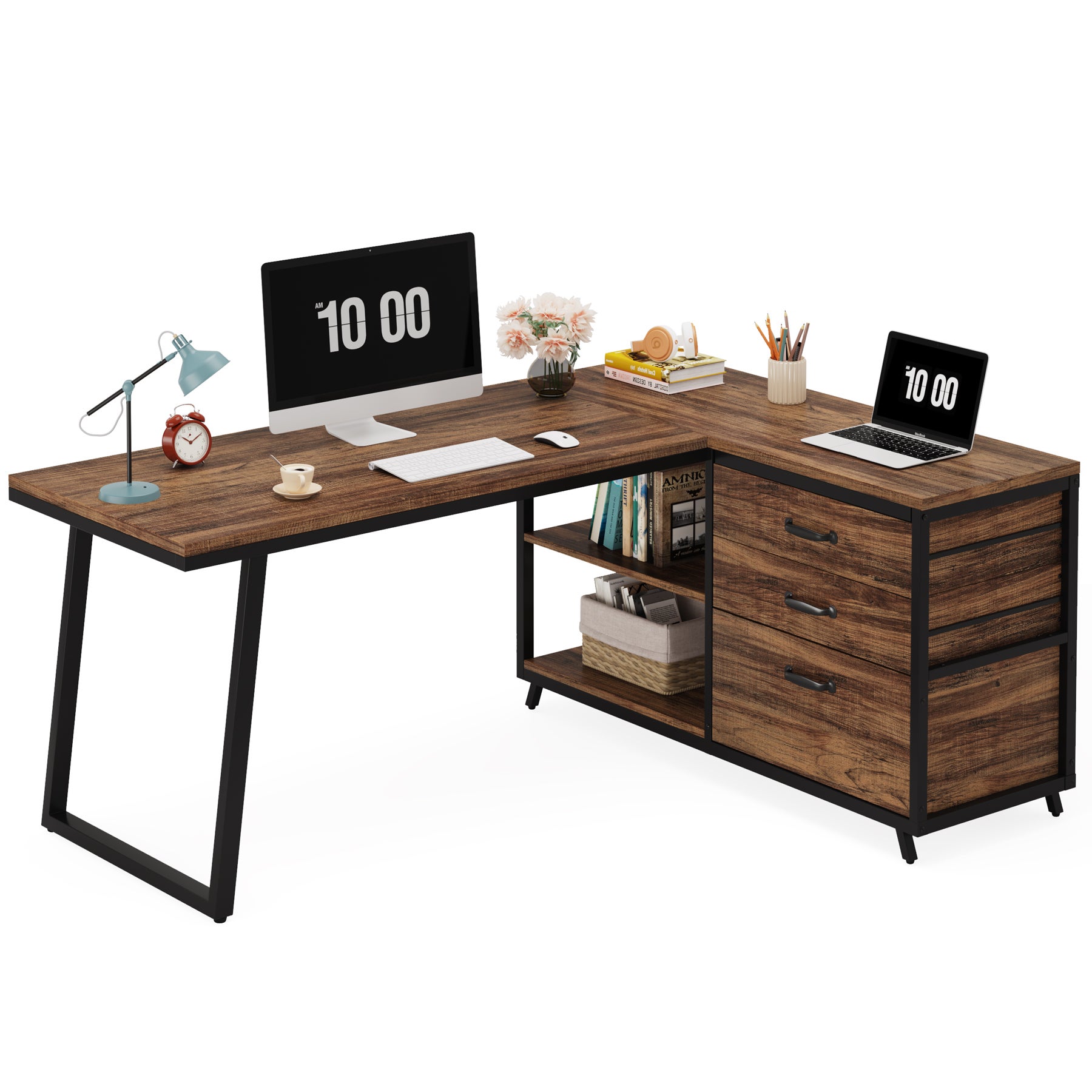 ODK Bureau avec 3 Tiroirs, Table d'ordinateur avec Etagères de
