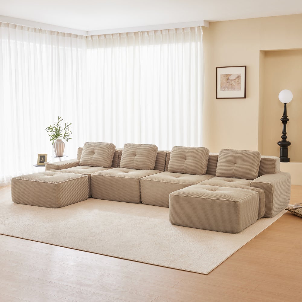 Sofa modułowa w kształcie litery U, sztruks, głębokie siedzisko, z szezlongiem, 4-osobowa, beżowa