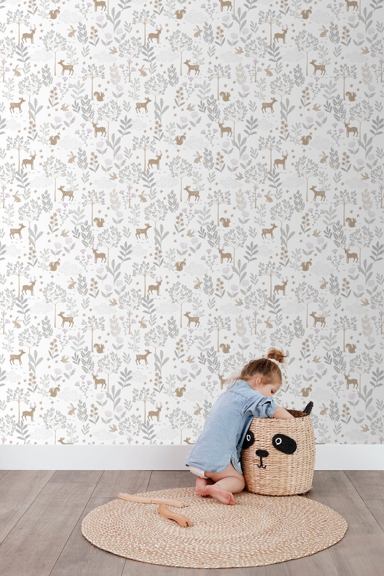 Papier peint forêt avec des animaux de la forêt lilas violet et beige - 53 cm x 10.05 m - ESTAhome - 7