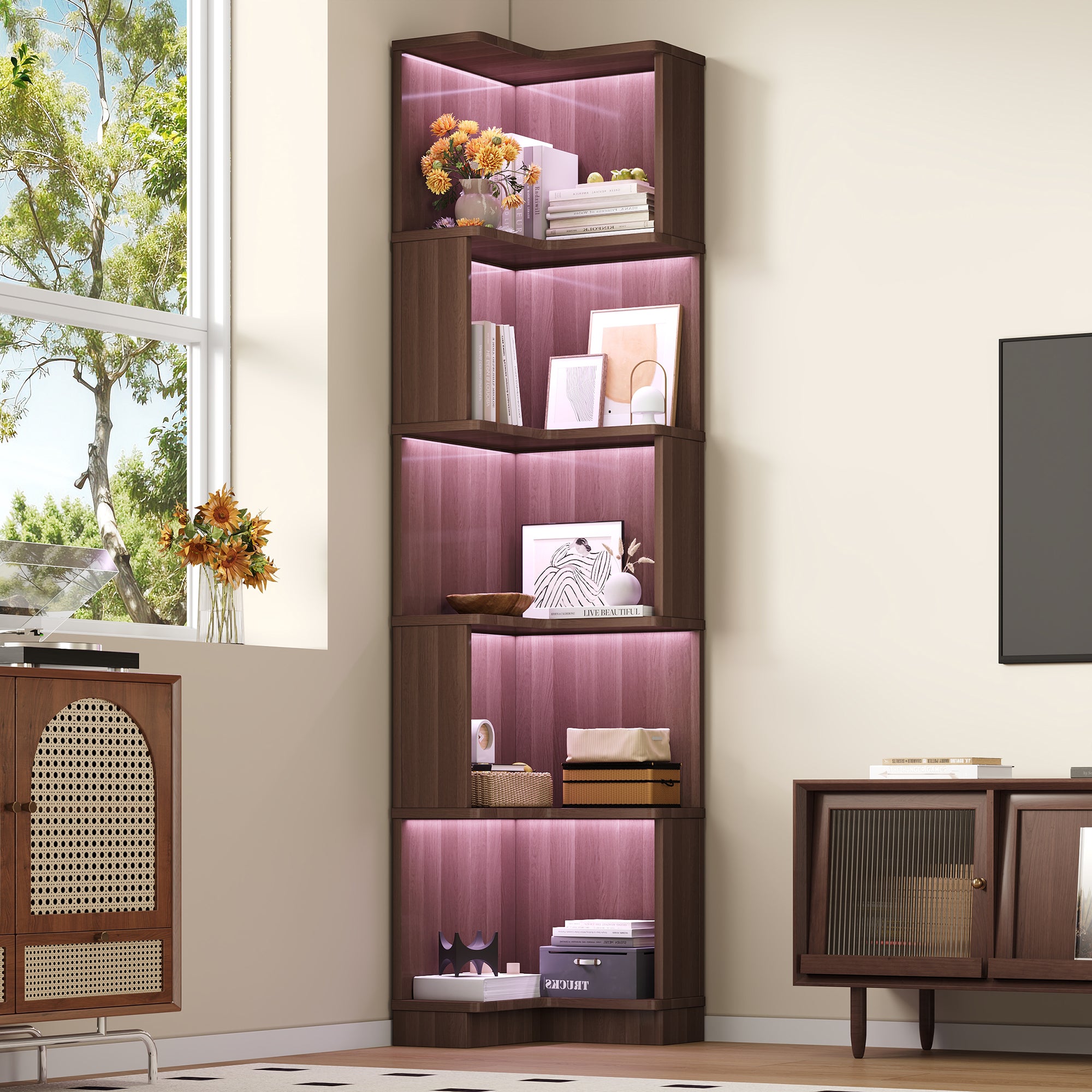 Libreria angolare con 5 ripiani - 63,5 x 45 x 175 cm - MDF - LED cambia colore - Marrone - 5