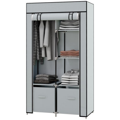 Armadio Pieghevole In Tessuto Grigio - 68x45x175 Cm, Con Zip, Appendiabiti E Tasche, Per Casa O Campeggio