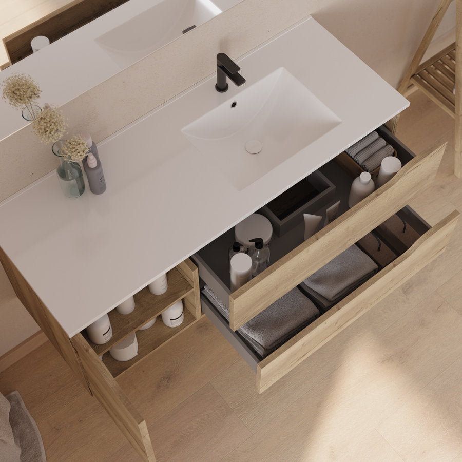 Meuble sous vasque seul, 2 tiroirs et 1 porte, 120cm, vasque déportée droite - madera miel (bois clair) - ZARZA - 2