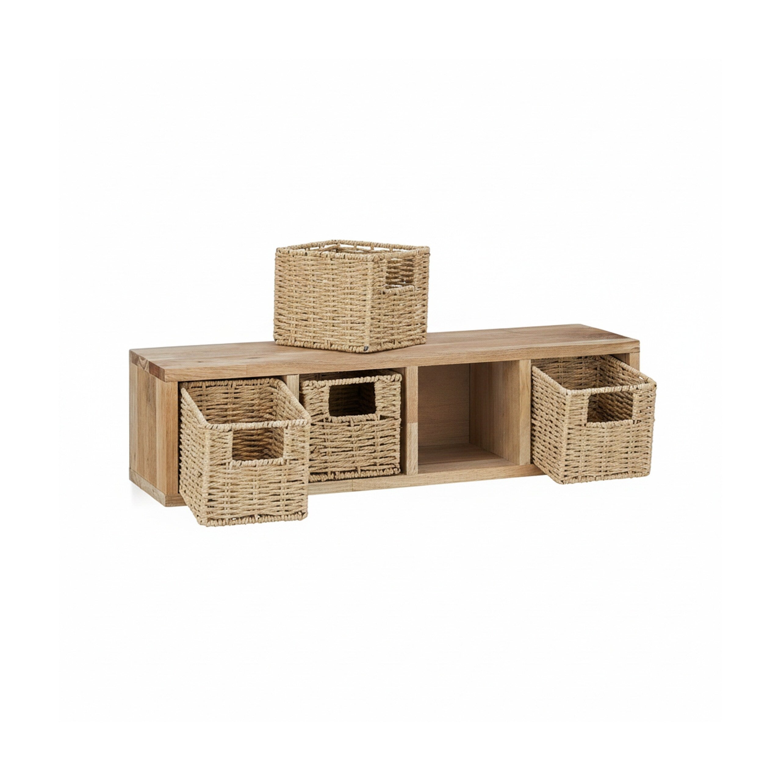 2x Etageres cube rangement, 8 paniers amovibles, corbeille bois noyer couloir chambre cuisine montage mural, nature - 9