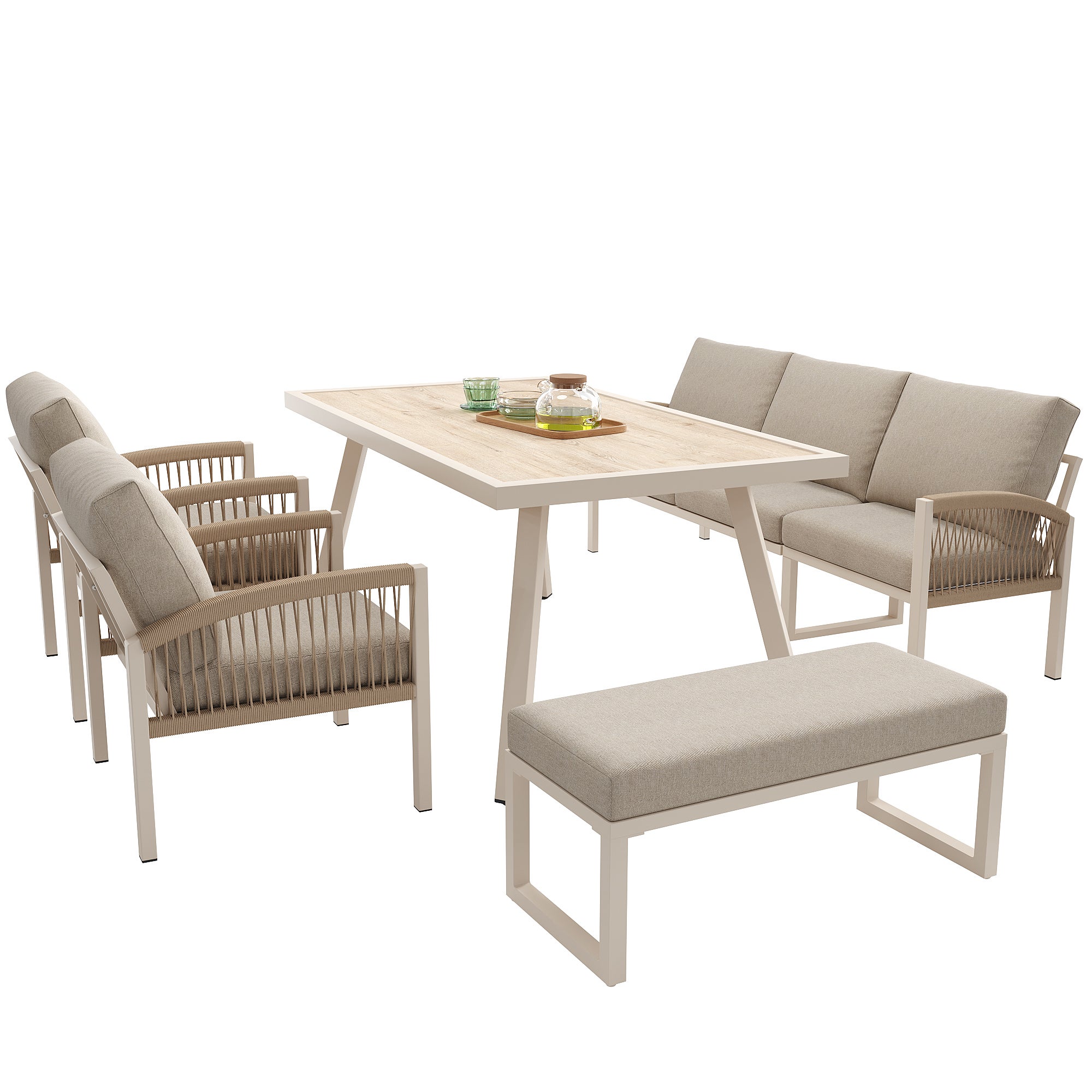 Canapé de Jardin Tressé Main pour 7 Personnes, Canapé d'angle avec Table, 2 Fauteuils et Banc, Structure Acier Galvanisé, Housse Détachable, Beige - 6