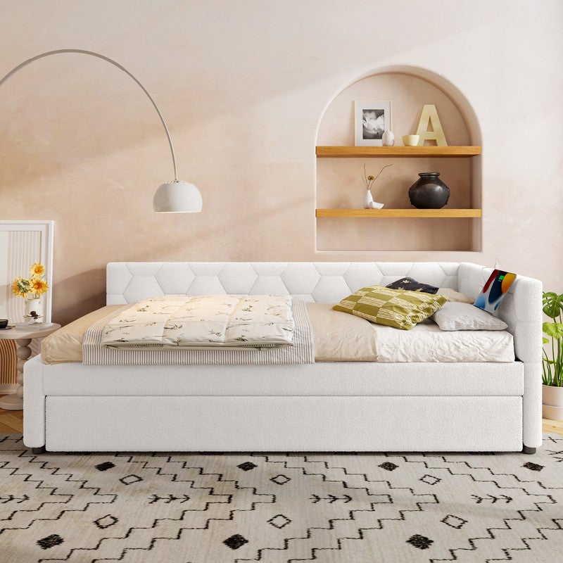 Sofa rozkładana 90x200 cm - z wysuwanym łóżkiem - z portem USB + Type-C - biała (bez materaca)