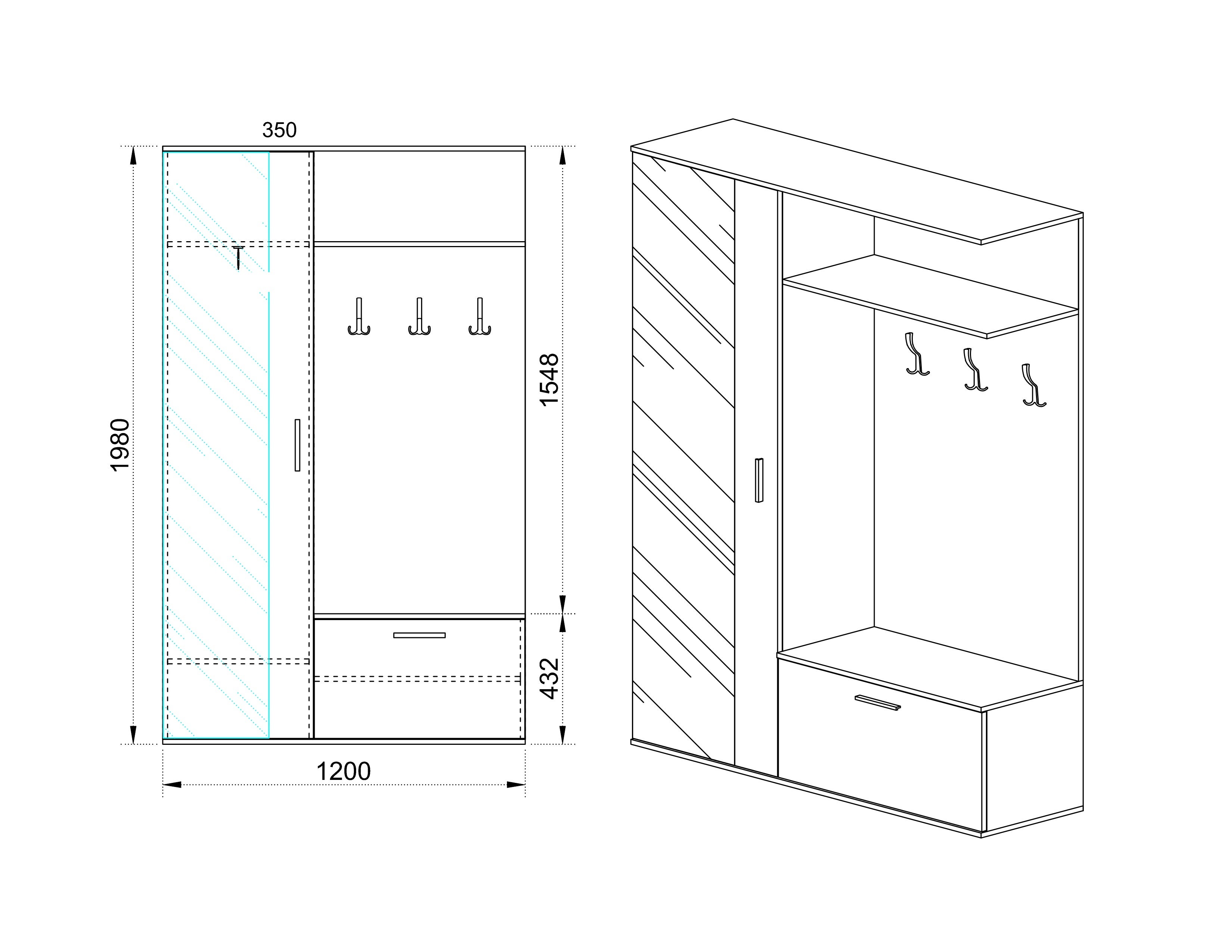mobile scarpiera per ingresso con specchio II4006 120x200 bianco e rovere chiaro - 3