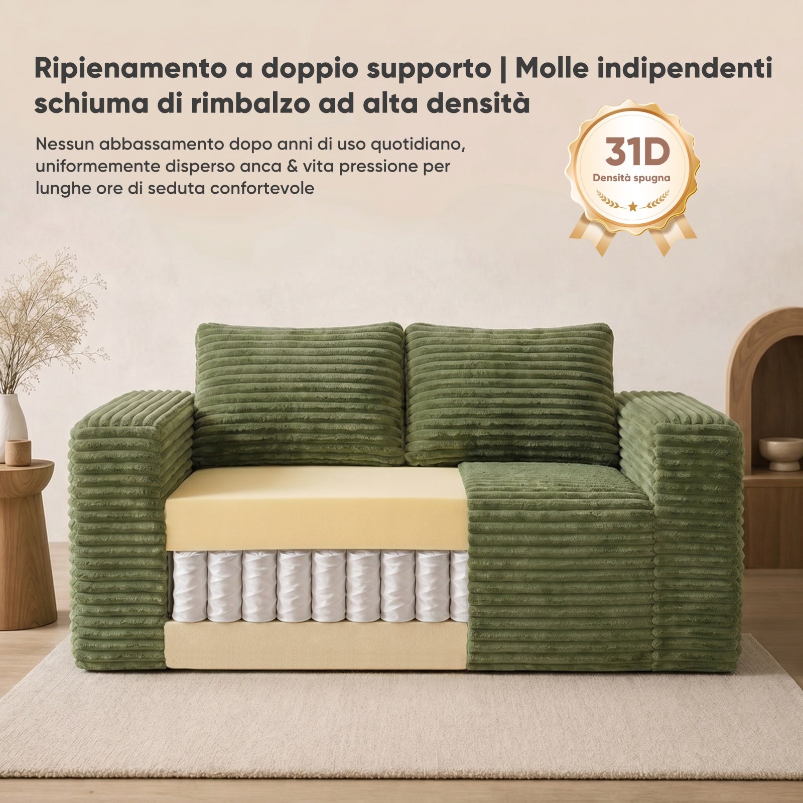 Canapé 2 places sans cadre, assise profonde, velours côtelé, sans montage, pour petit espace - Vert - 7