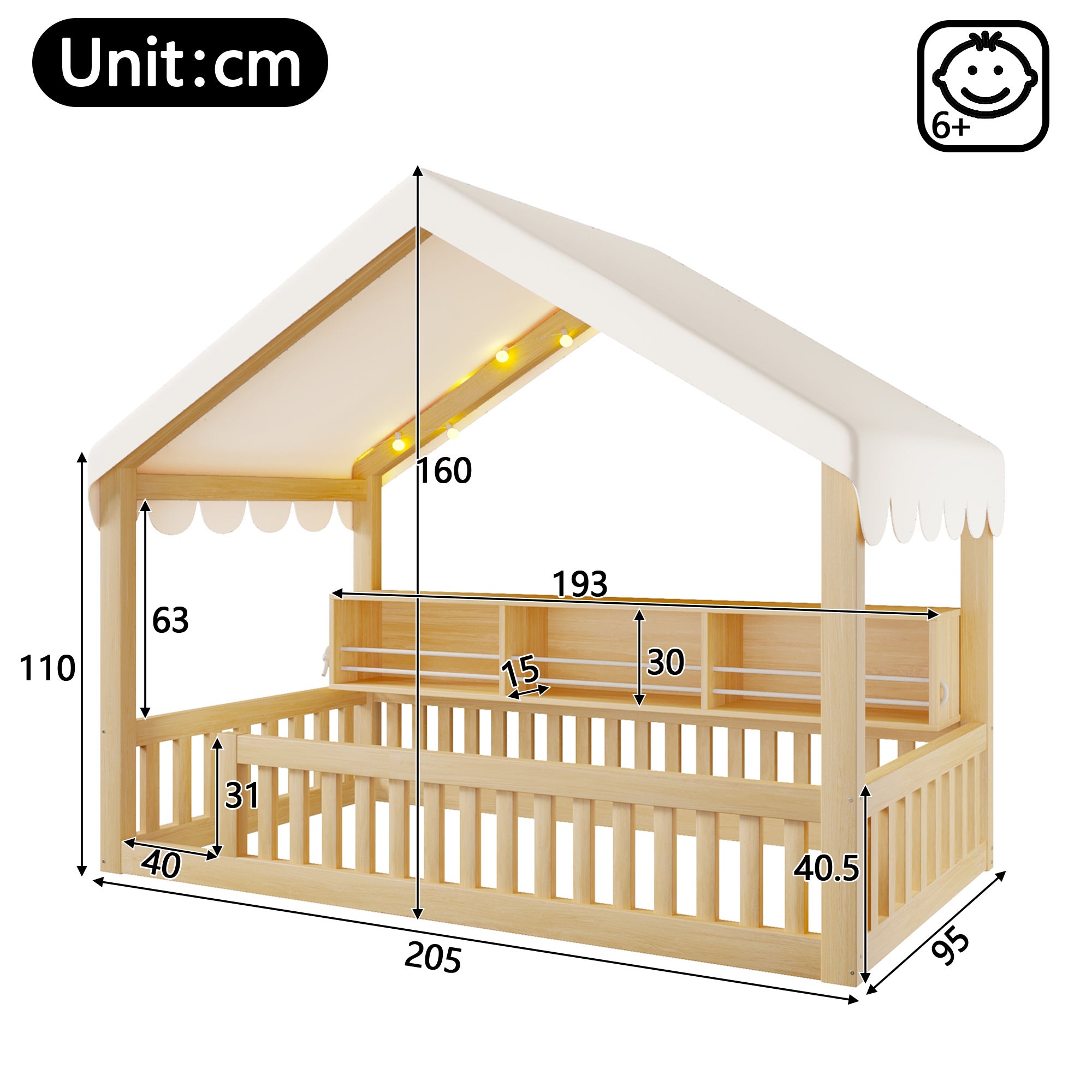 Lit cabane avec LED et étagère, avec barrière de sécurité, en bois ...