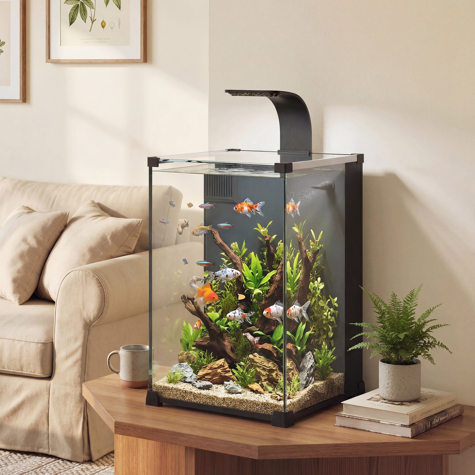 Nano acuario de cristal templado con filtro integrado, bomba de 5 W e iluminación LED, 30x30x45 cm, negro. - 3