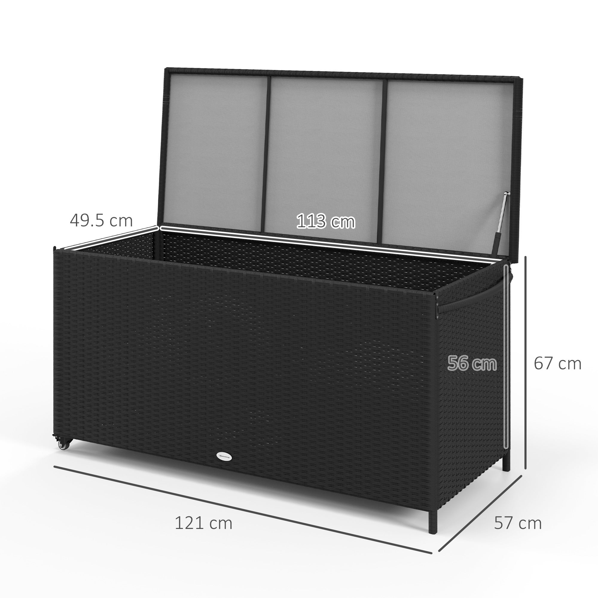 Coffre de jardin en rotin PE,banc de rangement extérieur à roulettes avec vérin pneumatique et poignée latérale,121x57x67cm,noir - 4