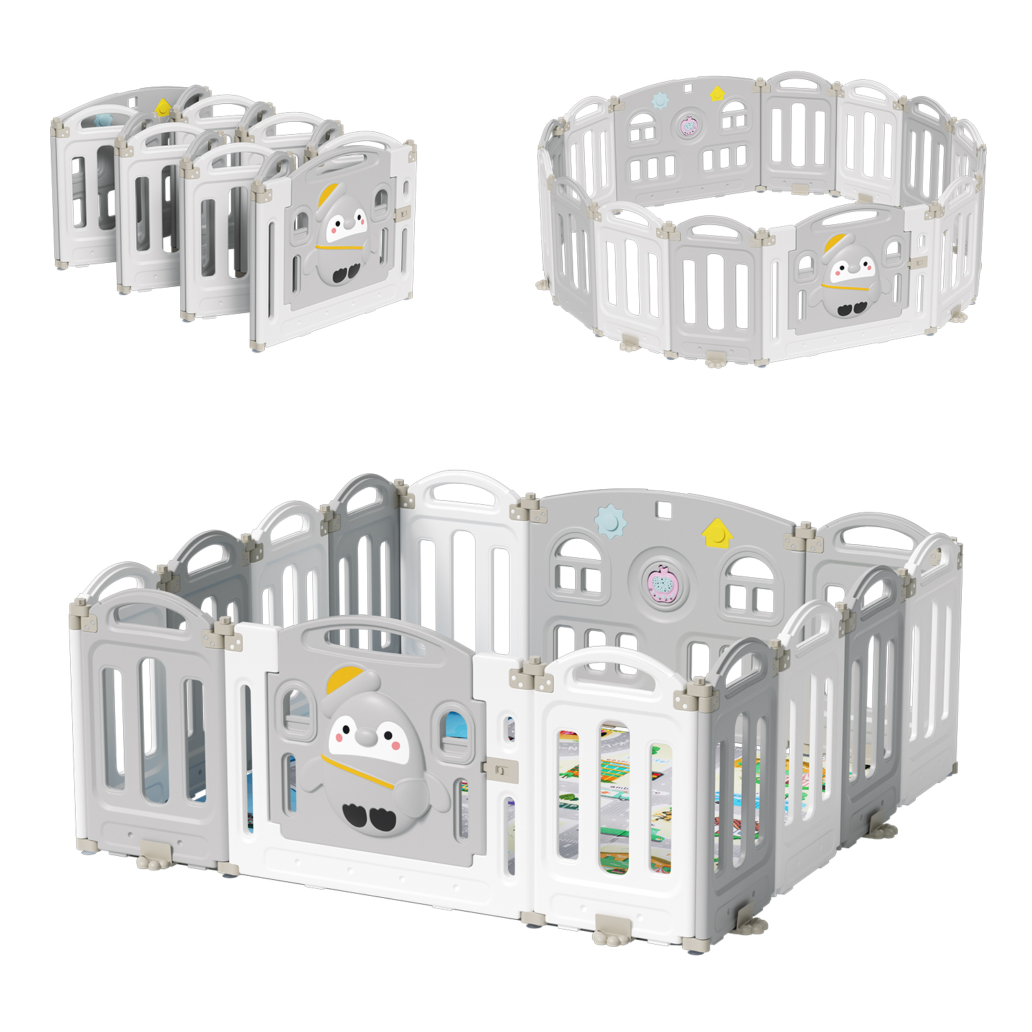 Parc b?�b?� 150x150x63cm pliable Barri?�re de s?�curit?� pour enfants, grise, avec tableau d'?�veil 