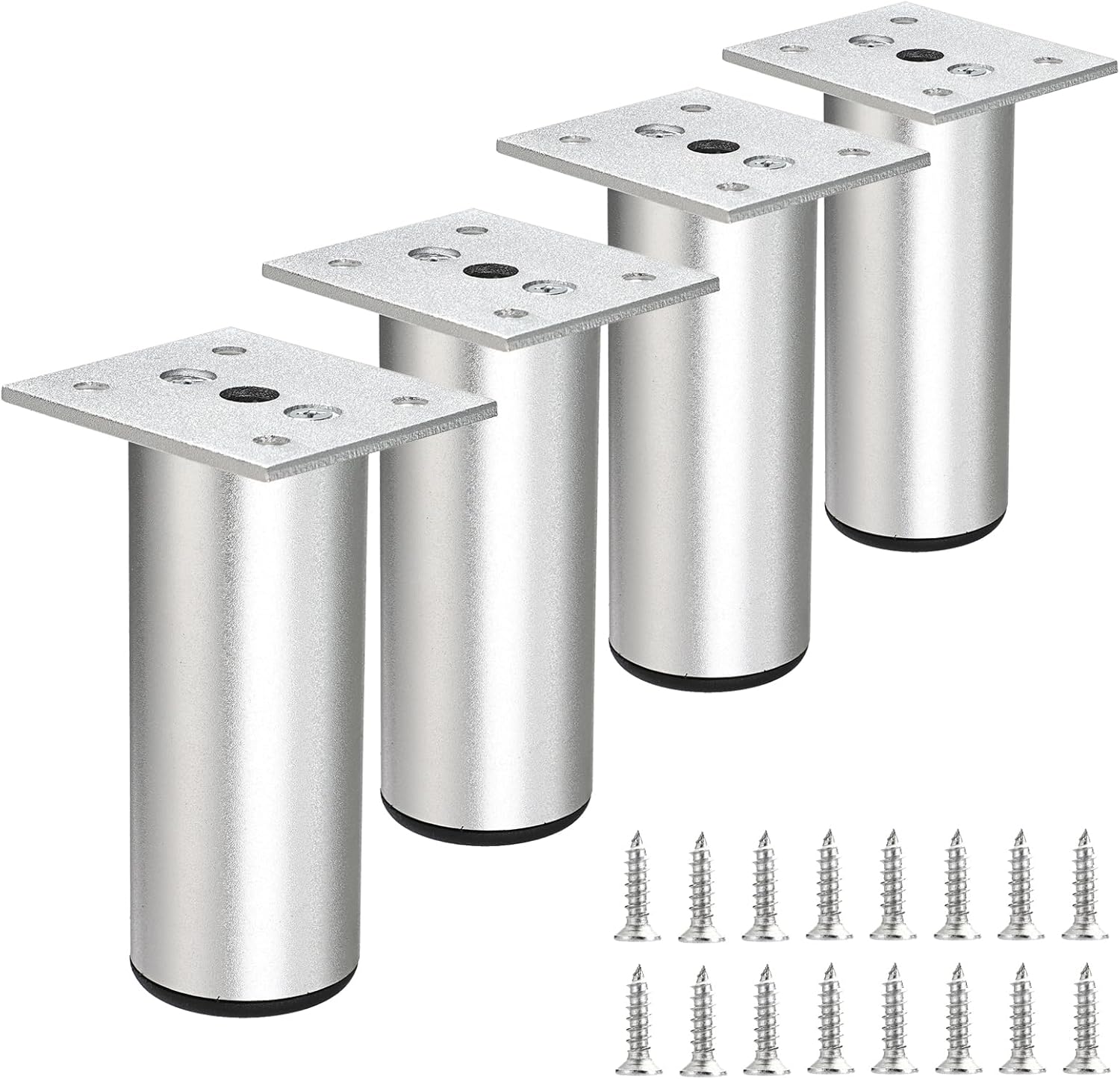 Zestaw 4 aluminiowych nóg meblowych, 10 cm (4 cale): regulowane wymienne nogi do mebli, sof, łóżek i stołów, kolor srebrny.