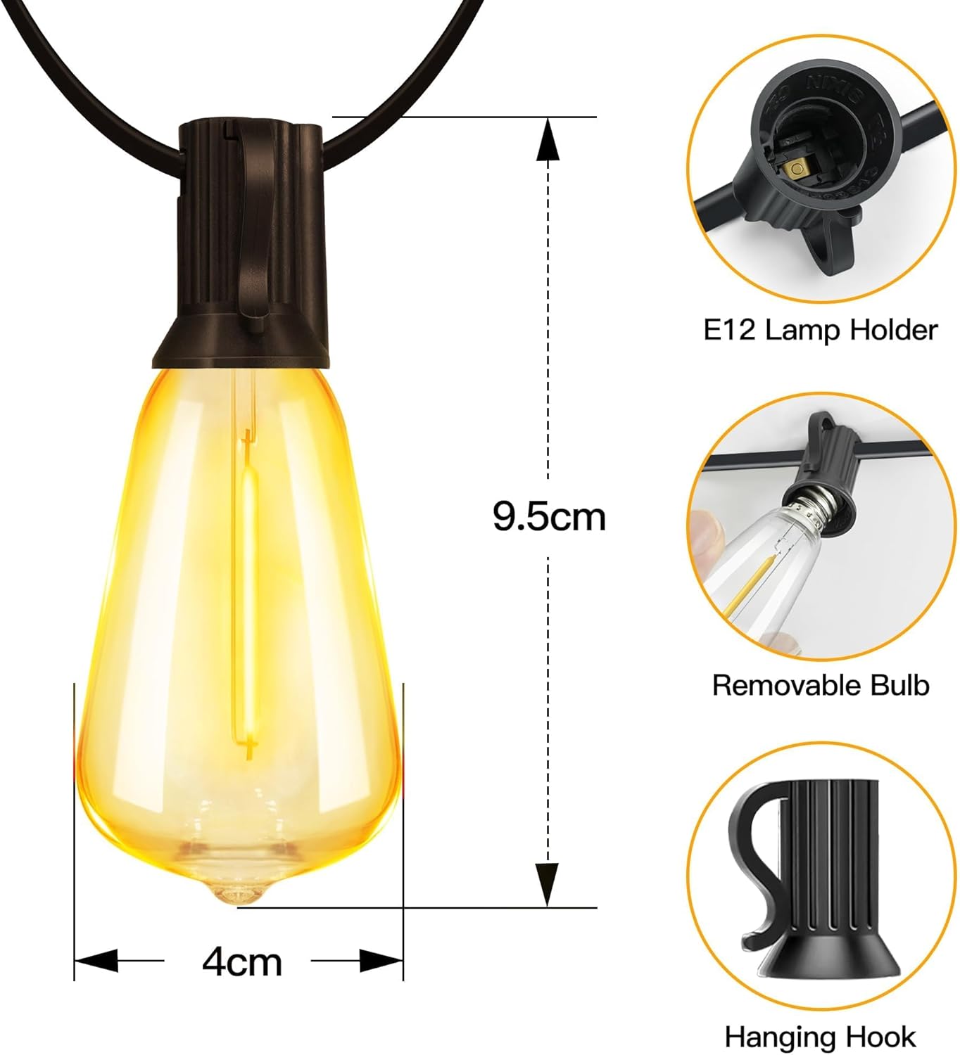 Guirlande lumineuse d'extérieur 7,5 m, LED, alimentée par secteur, avec prise/13+1 ampoules de rechange/crochet, éclairage blanc chaud brillant - 6