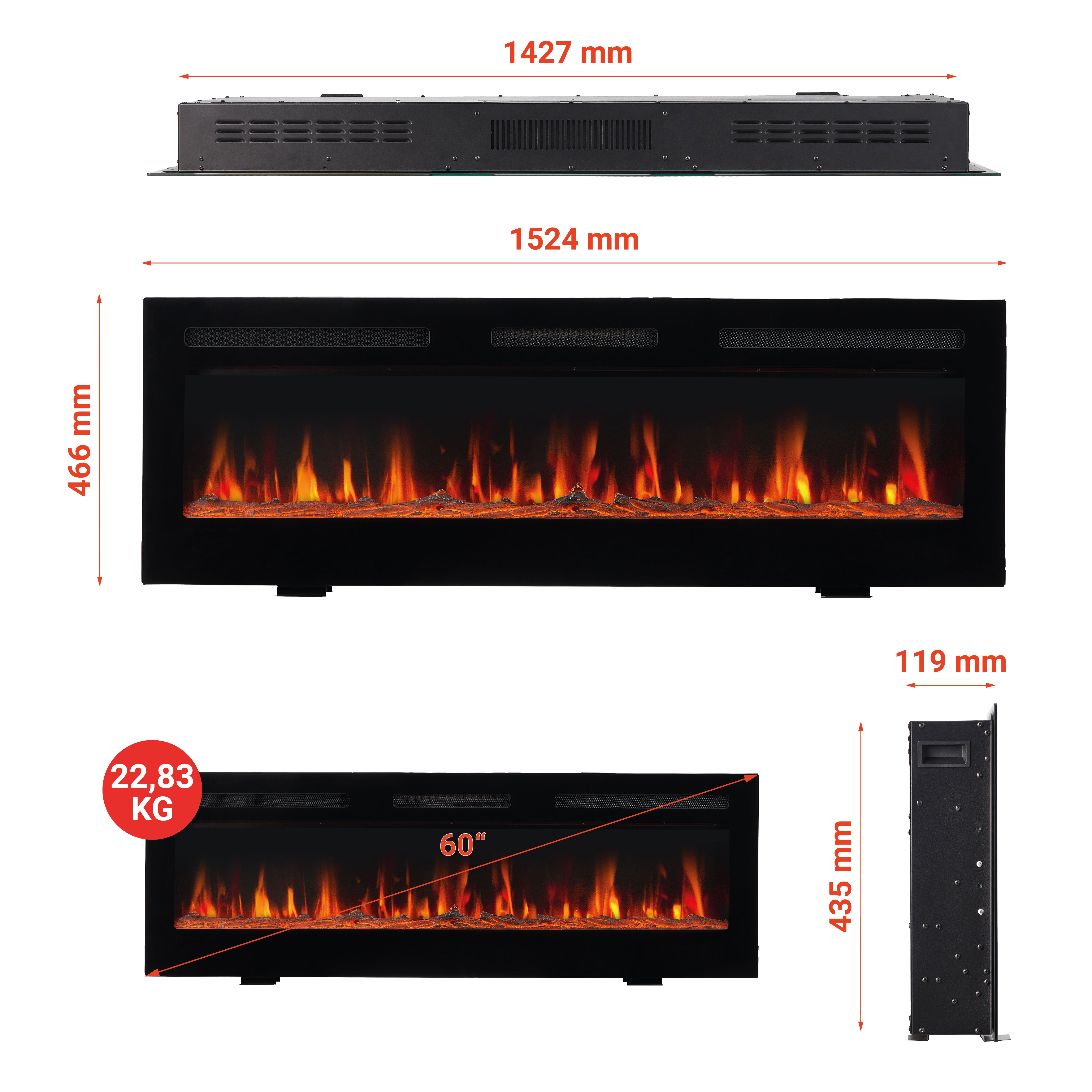 KAMINIO Cheminée électrique MARLON - Cheminée électrique 3 en 1 avec chauffage, effet flamme 3D, 12 couleurs de flamme, télécommande - 60 pouces - 8